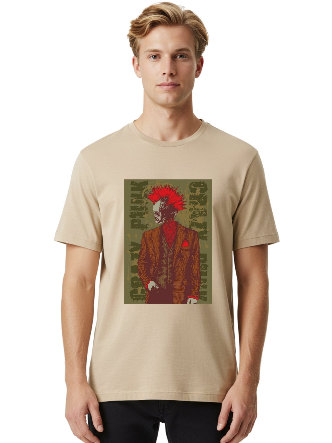 Crazy Punk Men'S Graphic Tee, 100% Cotton, Comfortable Casual Summer Wear, Machine Washable, Punk Rock Skeleton, Spiky Red Hair, Brown Suit, Red Pocket Square, Dark Art, Grunge Style, Rock And Roll, Punk Fashion, Edgy Aesthetic Aae212 17