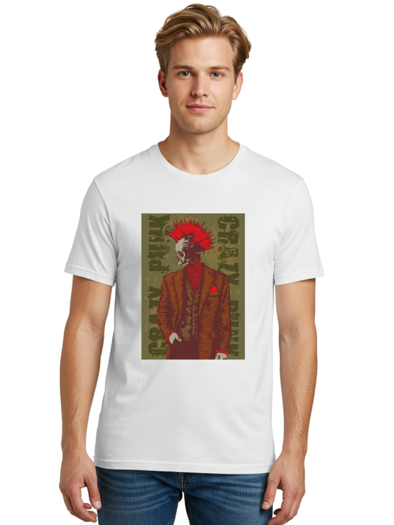 Crazy Punk Men'S Graphic Tee, 100% Cotton, Comfortable Casual Summer Wear, Machine Washable, Punk Rock Skeleton, Spiky Red Hair, Brown Suit, Red Pocket Square, Dark Art, Grunge Style, Rock And Roll, Punk Fashion, Edgy Aesthetic Aae212 23
