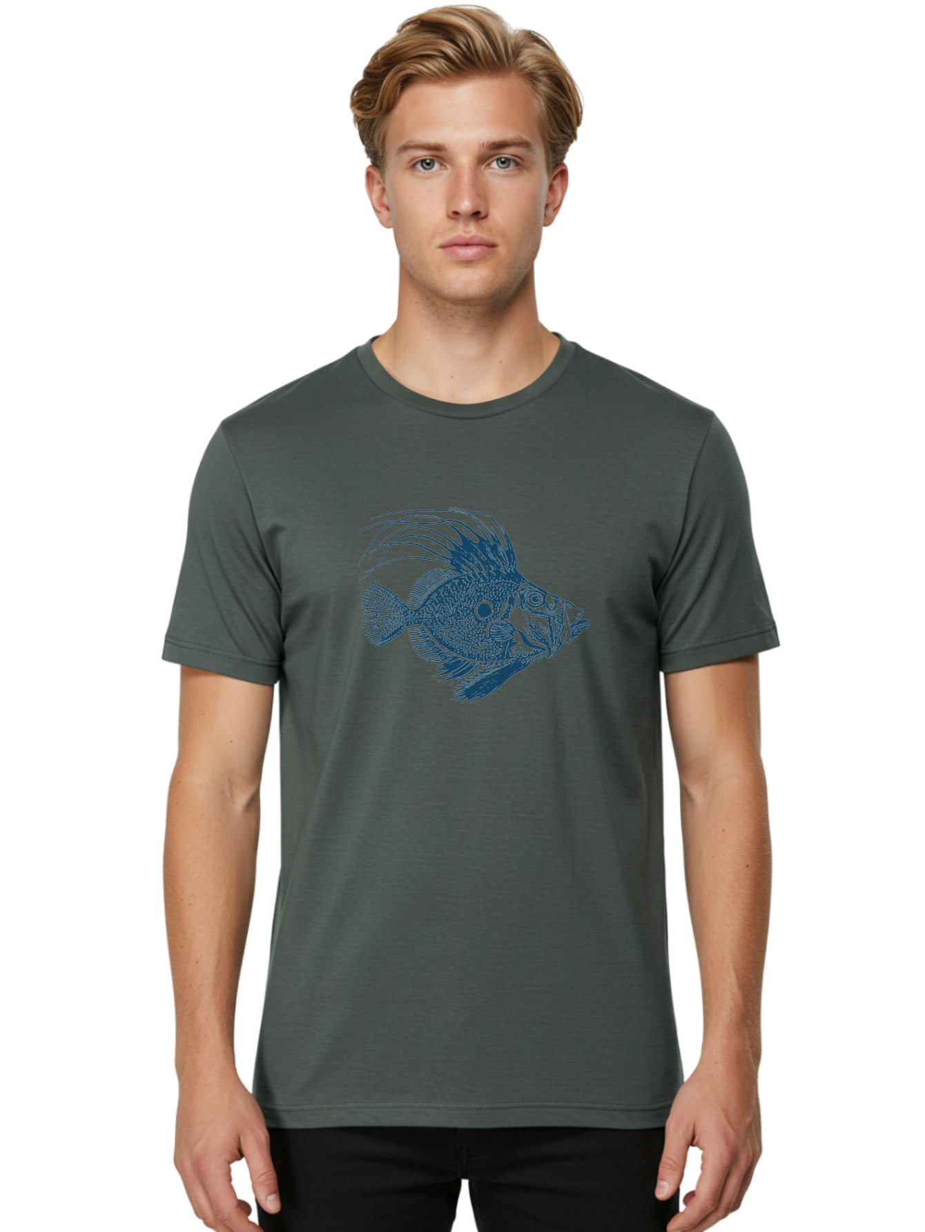 Crestthorn Fish Men'S Graphic Tee, 100% Cotton, Comfortable Casual Summer Wear, Machine Washable, Blue Fish, Detailed Illustration, Marine Life, Aquatic Animal, Fins, Scales, Underwater World, Ocean Creature, Vibrant Artwork, Textured Design, Aae213 6