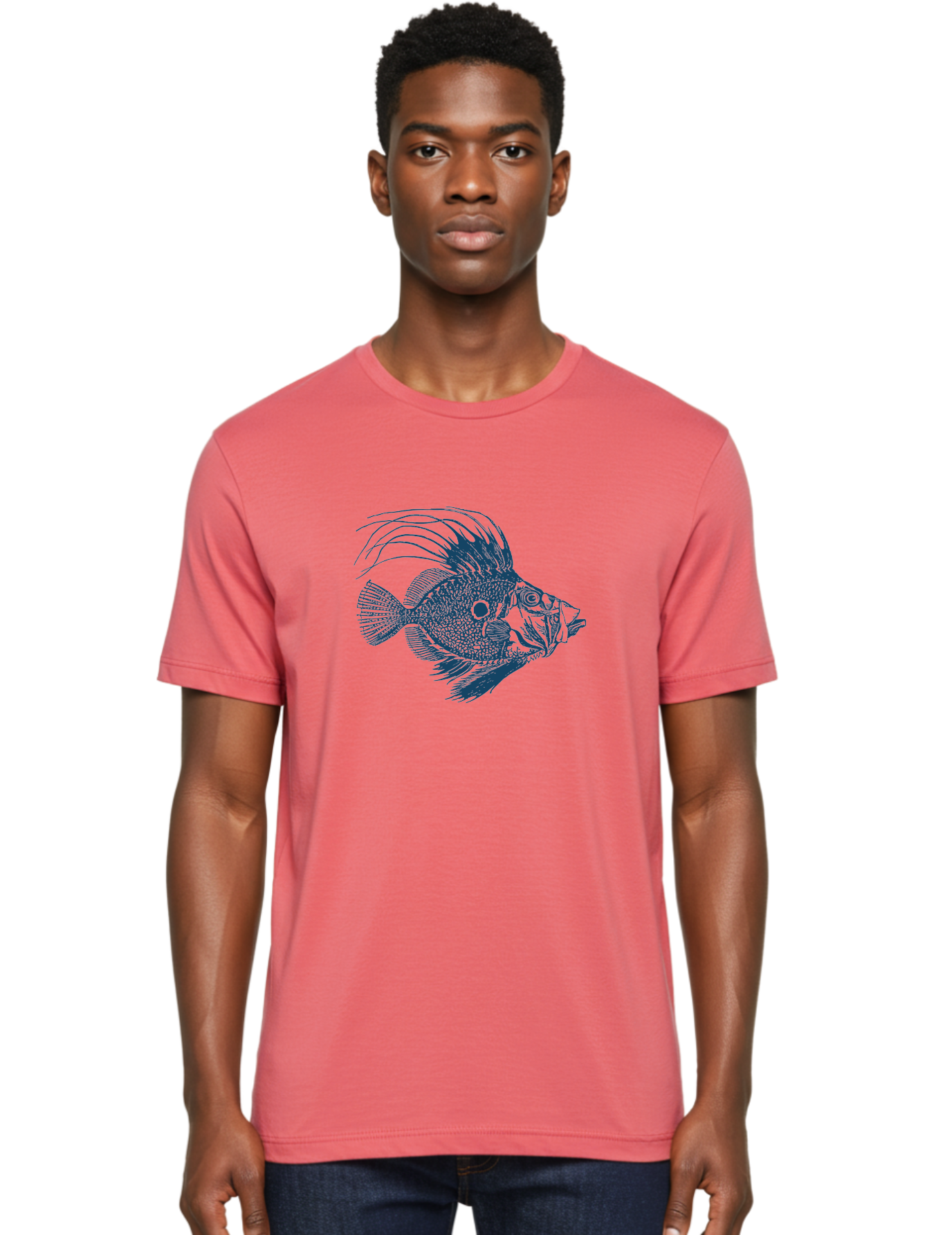 Crestthorn Fish Men'S Graphic Tee, 100% Cotton, Comfortable Casual Summer Wear, Machine Washable, Blue Fish, Detailed Illustration, Marine Life, Aquatic Animal, Fins, Scales, Underwater World, Ocean Creature, Vibrant Artwork, Textured Design, Aae213 4
