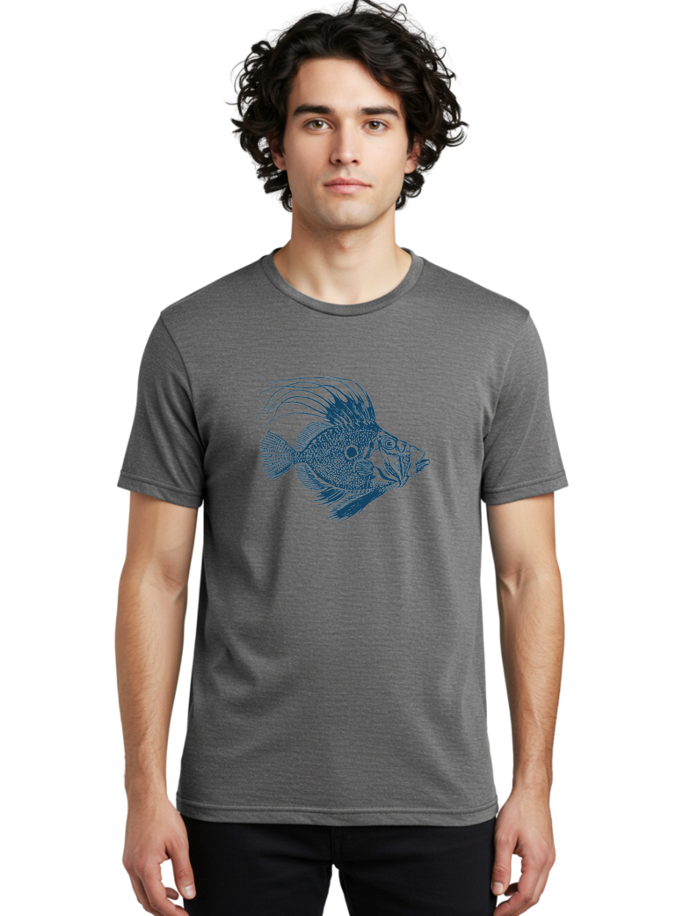 Crestthorn Fish Men'S Graphic Tee, 100% Cotton, Comfortable Casual Summer Wear, Machine Washable, Blue Fish, Detailed Illustration, Marine Life, Aquatic Animal, Fins, Scales, Underwater World, Ocean Creature, Vibrant Artwork, Textured Design, Aae213 30