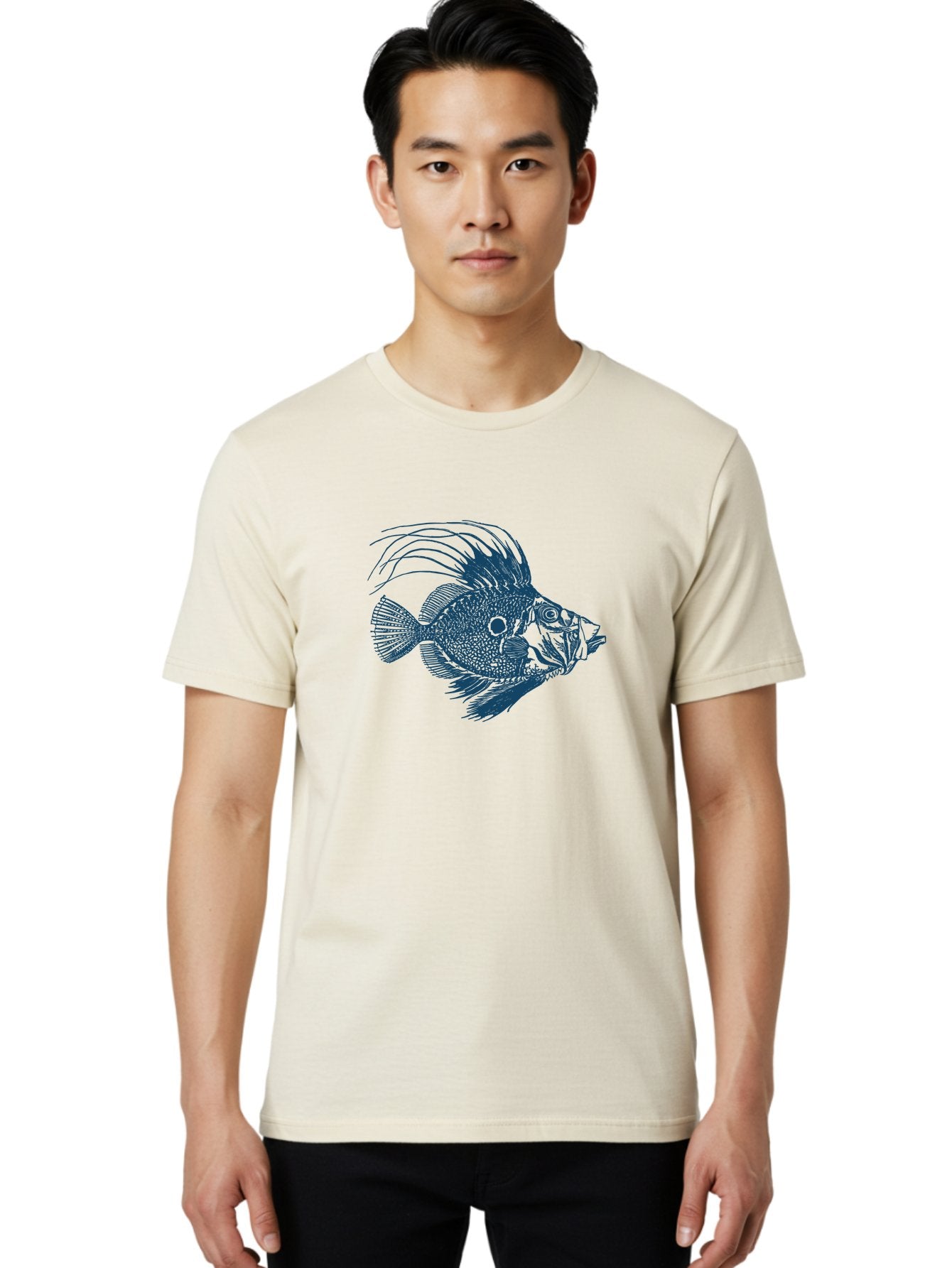 Crestthorn Fish Men'S Graphic Tee, 100% Cotton, Comfortable Casual Summer Wear, Machine Washable, Blue Fish, Detailed Illustration, Marine Life, Aquatic Animal, Fins, Scales, Underwater World, Ocean Creature, Vibrant Artwork, Textured Design, Aae213 25
