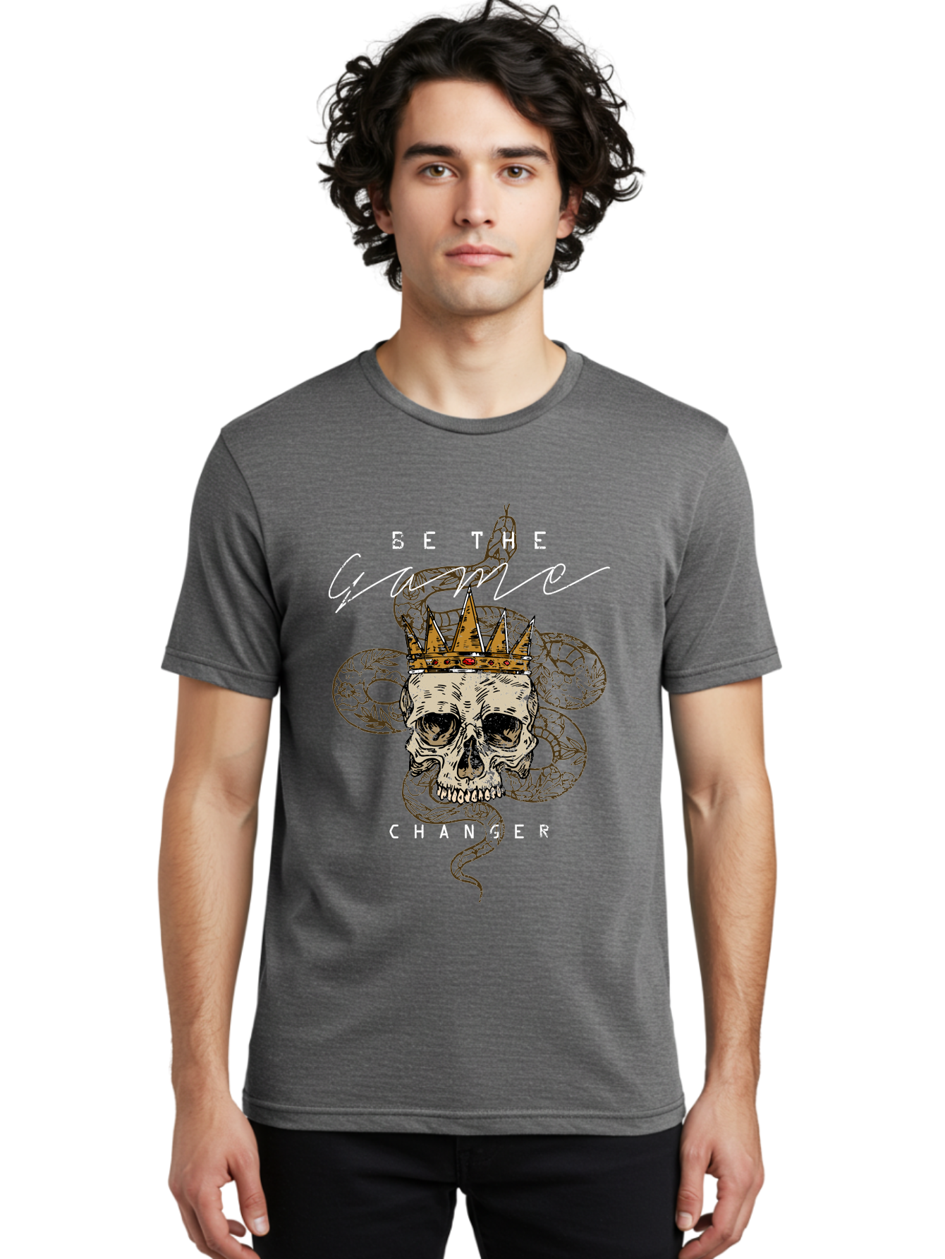 Crown Skull Men'S Graphic Tee, 100% Cotton, Comfortable Casual Summer Wear, Machine Washable, Skull With Crown And Snake, Game Changer, Motivational Quote, Skull Art, Crowned Skull, Snake Illustration, Bold Graphics, Edgy Design, Aae216