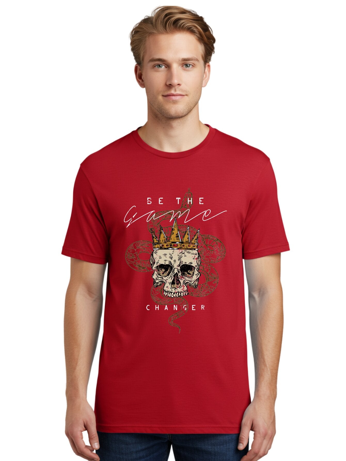Crown Skull Men'S Graphic Tee, 100% Cotton, Comfortable Casual Summer Wear, Machine Washable, Skull With Crown And Snake, Game Changer, Motivational Quote, Skull Art, Crowned Skull, Snake Illustration, Bold Graphics, Edgy Design, Aae216 24