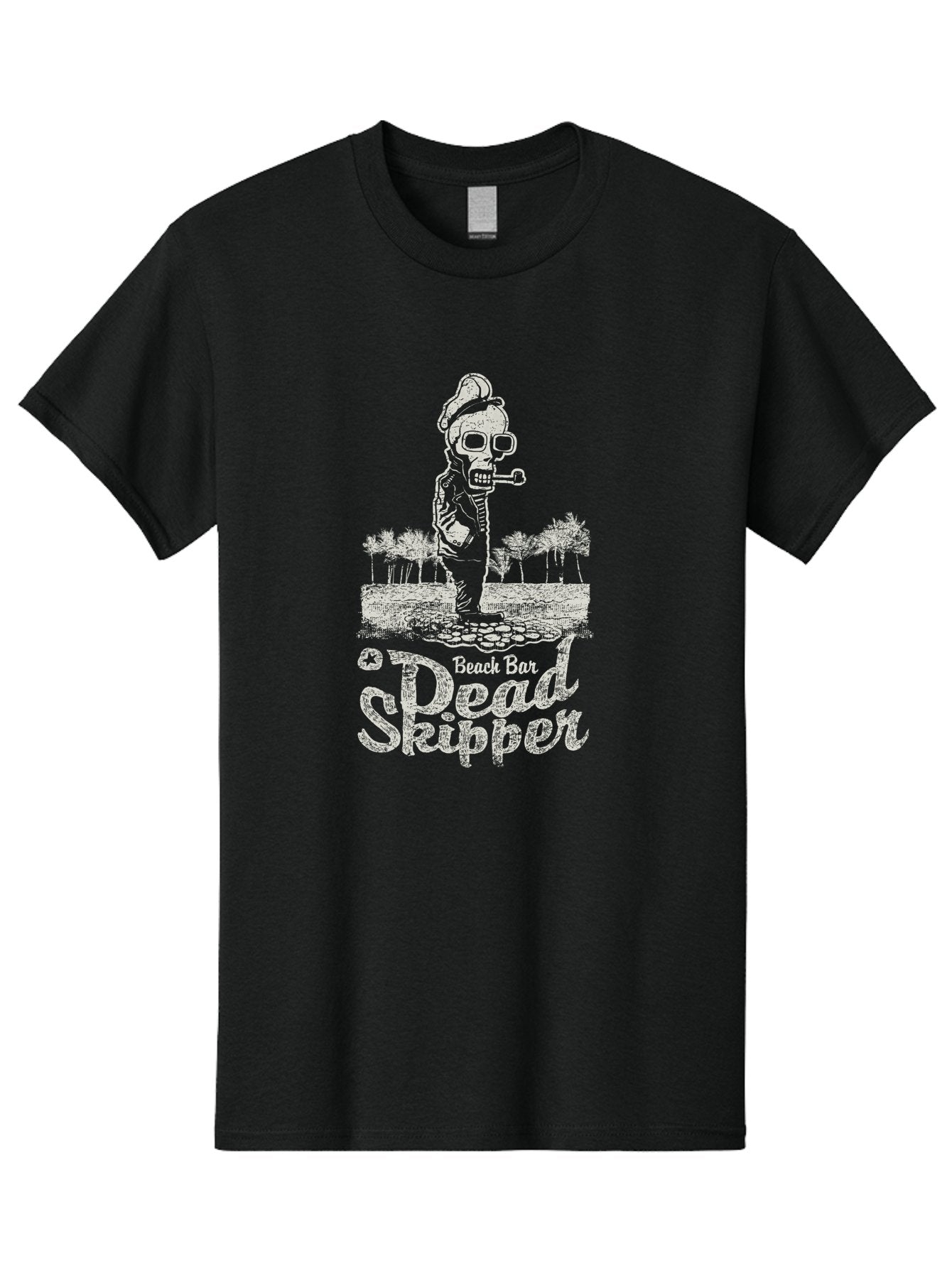 Dead Skipper Skull Men'S Graphic Tee, 100% Cotton, Comfortable Casual Summer Wear, Machine Washable, Skeleton Playing Guitar, Beach Bar Vibes, Tropical Setting, Palm Trees, Rock On, Summer Fun, Coastal Entertainment, Relaxed Atmosphere Aae228 9