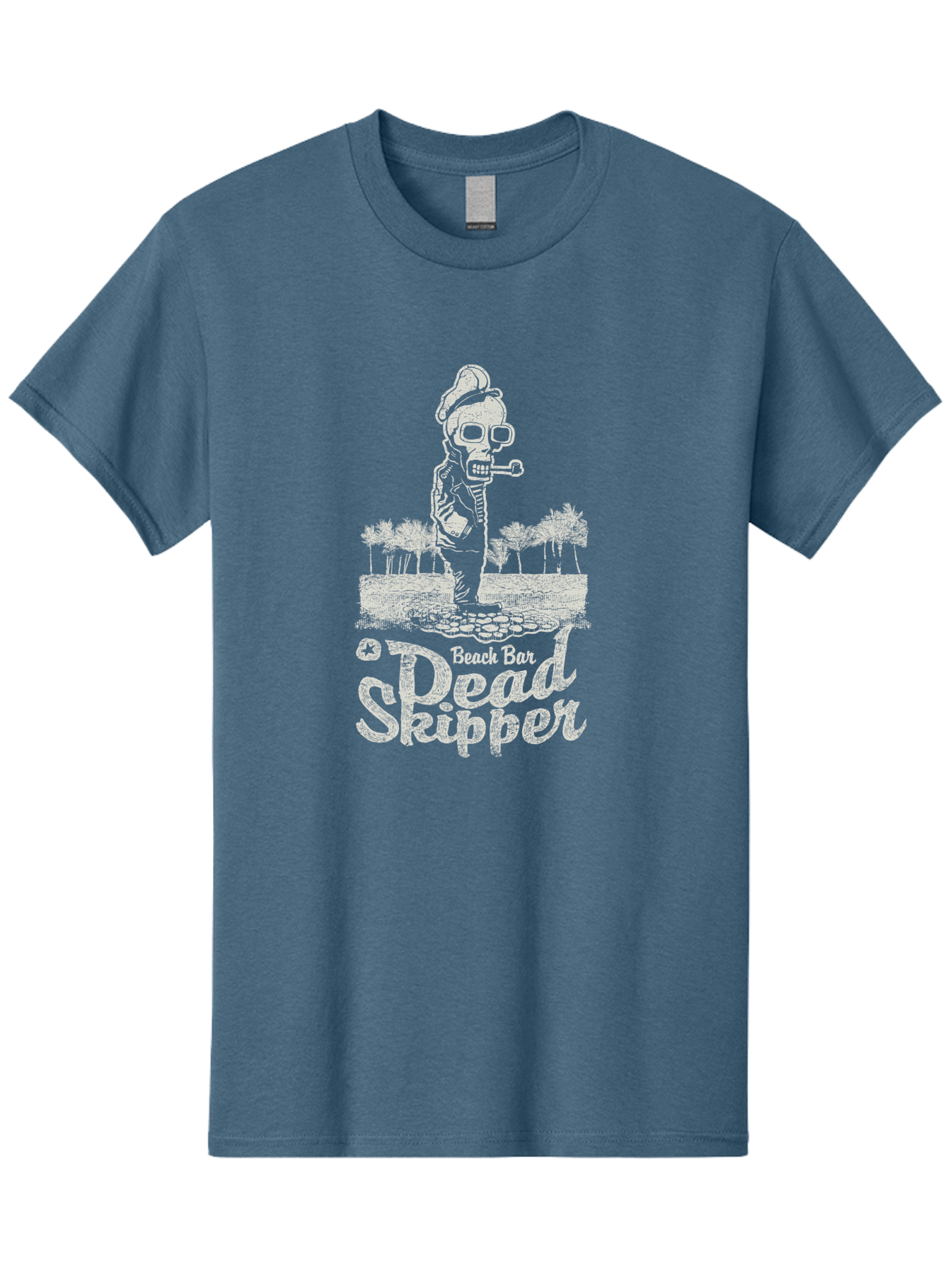 Dead Skipper Skull Men'S Graphic Tee, 100% Cotton, Comfortable Casual Summer Wear, Machine Washable, Skeleton Playing Guitar, Beach Bar Vibes, Tropical Setting, Palm Trees, Rock On, Summer Fun, Coastal Entertainment, Relaxed Atmosphere Aae228