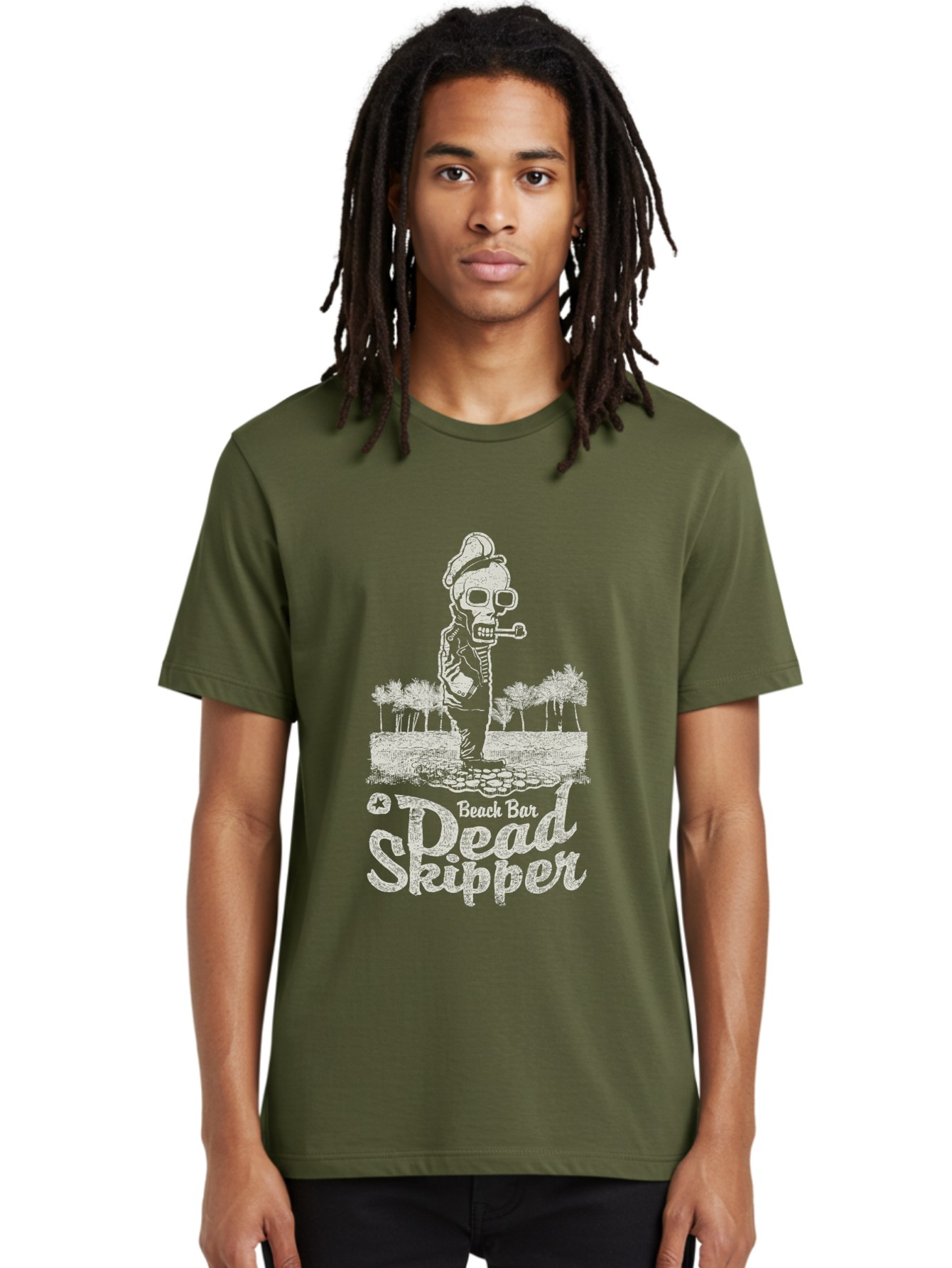 Dead Skipper Skull Men'S Graphic Tee, 100% Cotton, Comfortable Casual Summer Wear, Machine Washable, Skeleton Playing Guitar, Beach Bar Vibes, Tropical Setting, Palm Trees, Rock On, Summer Fun, Coastal Entertainment, Relaxed Atmosphere Aae228 24