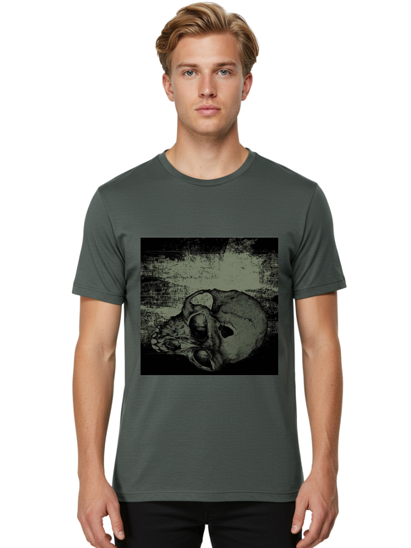 Echo Of Death Men'S Graphic Tee, 100% Cotton, Comfortable Casual Summer Wear, Machine Washable, Dark Artwork, Gothic Illustration, Human Skull, Grunge Style, Mysterious Ambiance, Eerie Atmosphere, Monochromatic Tones Aae251
