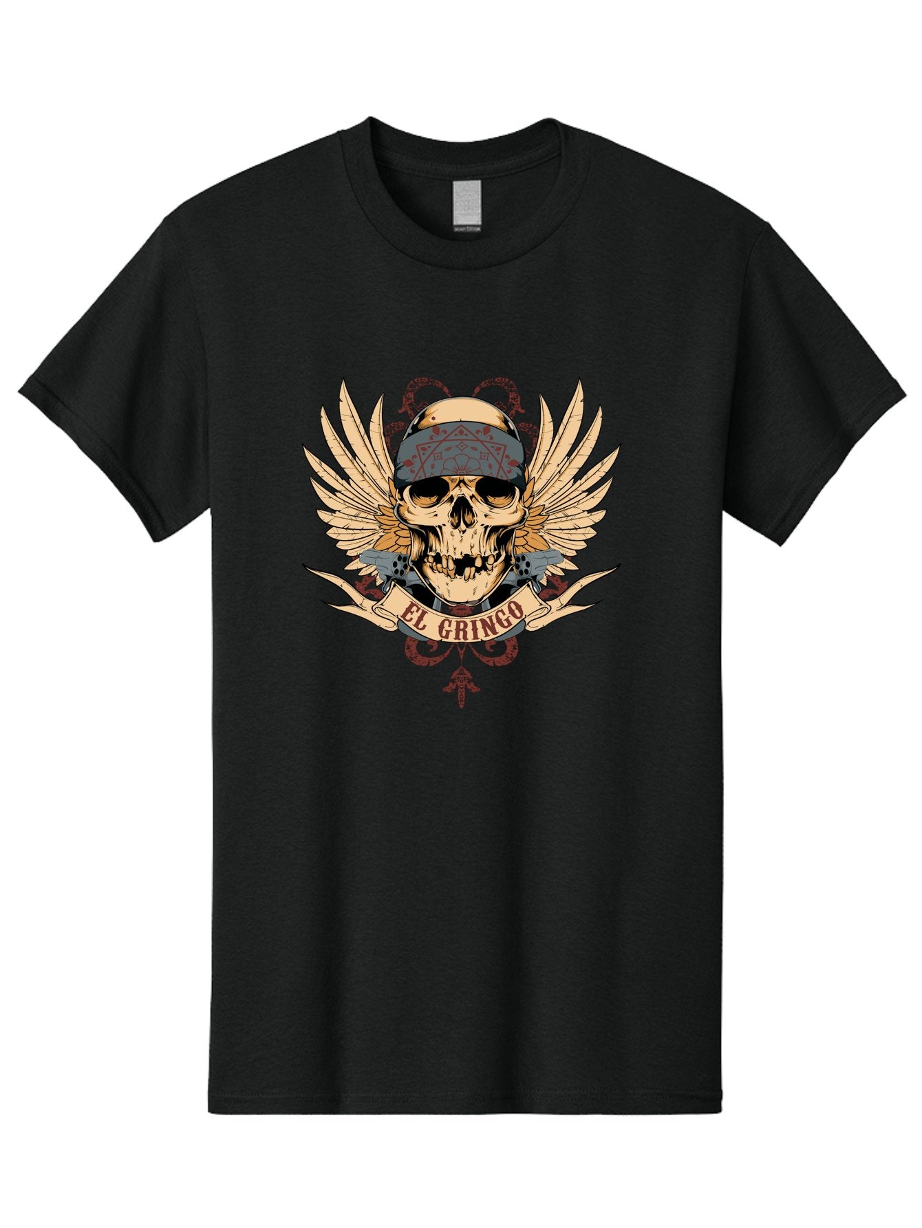 El Gringo Skull Men'S Graphic Tee, 100% Cotton, Comfortable Casual Summer Wear, Machine Washable, Tattoo Art, Skull Design, Wings And Snakes, Edgy Style, Grunge Aesthetic, Rebellious Symbol, Bold Graphics, El Gringo Branding Aae256 7