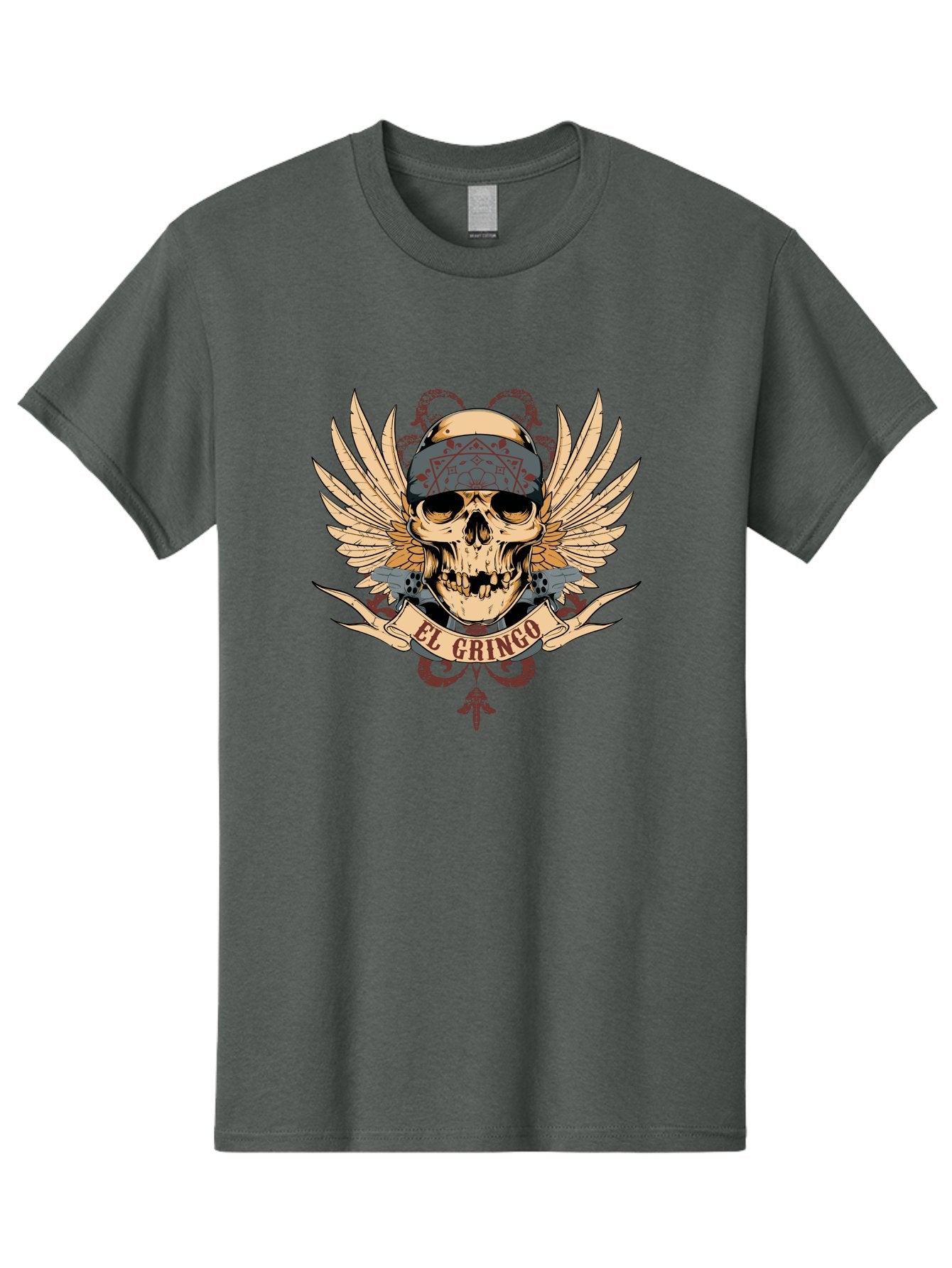 El Gringo Skull Men'S Graphic Tee, 100% Cotton, Comfortable Casual Summer Wear, Machine Washable, Tattoo Art, Skull Design, Wings And Snakes, Edgy Style, Grunge Aesthetic, Rebellious Symbol, Bold Graphics, El Gringo Branding Aae256 3