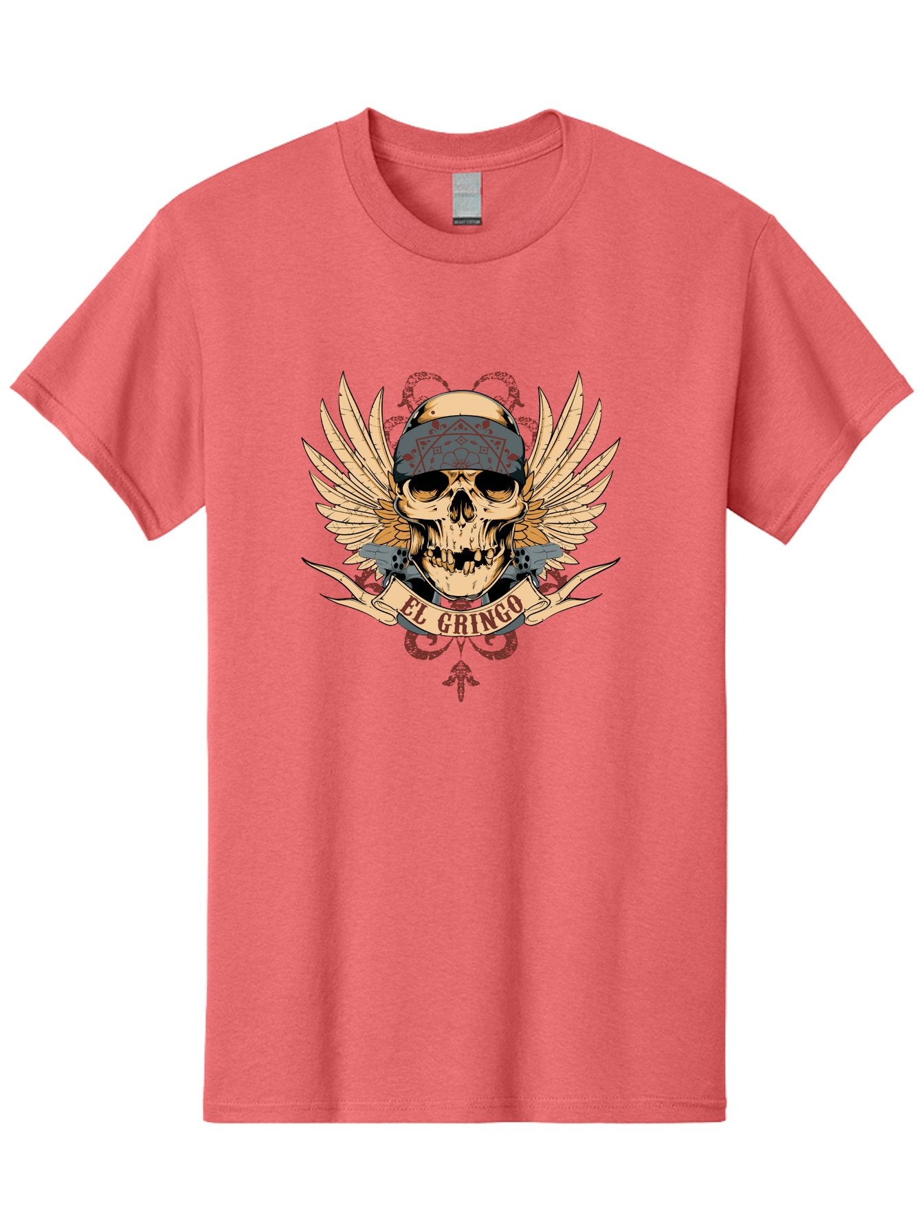 El Gringo Skull Men'S Graphic Tee, 100% Cotton, Comfortable Casual Summer Wear, Machine Washable, Tattoo Art, Skull Design, Wings And Snakes, Edgy Style, Grunge Aesthetic, Rebellious Symbol, Bold Graphics, El Gringo Branding Aae256 4