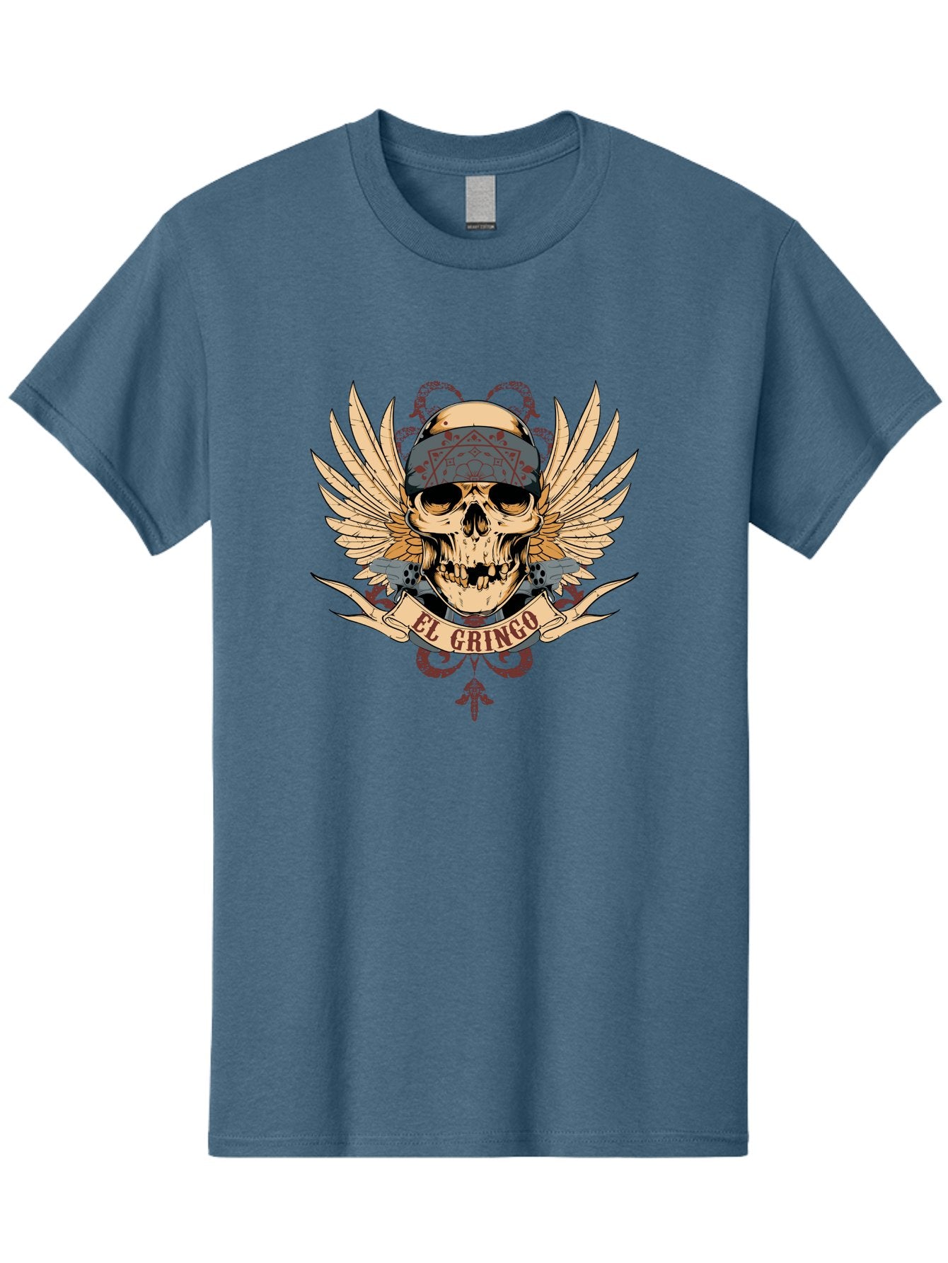 El Gringo Skull Men'S Graphic Tee, 100% Cotton, Comfortable Casual Summer Wear, Machine Washable, Tattoo Art, Skull Design, Wings And Snakes, Edgy Style, Grunge Aesthetic, Rebellious Symbol, Bold Graphics, El Gringo Branding Aae256 10