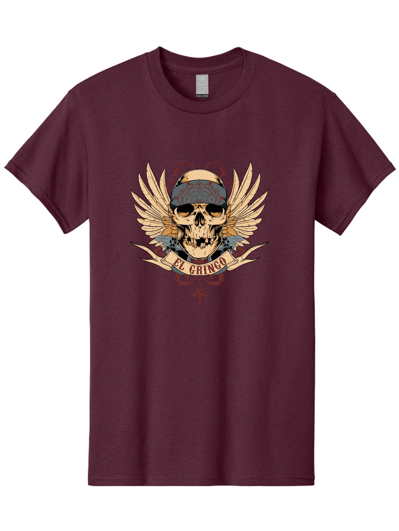 El Gringo Skull Men'S Graphic Tee, 100% Cotton, Comfortable Casual Summer Wear, Machine Washable, Tattoo Art, Skull Design, Wings And Snakes, Edgy Style, Grunge Aesthetic, Rebellious Symbol, Bold Graphics, El Gringo Branding Aae256 13