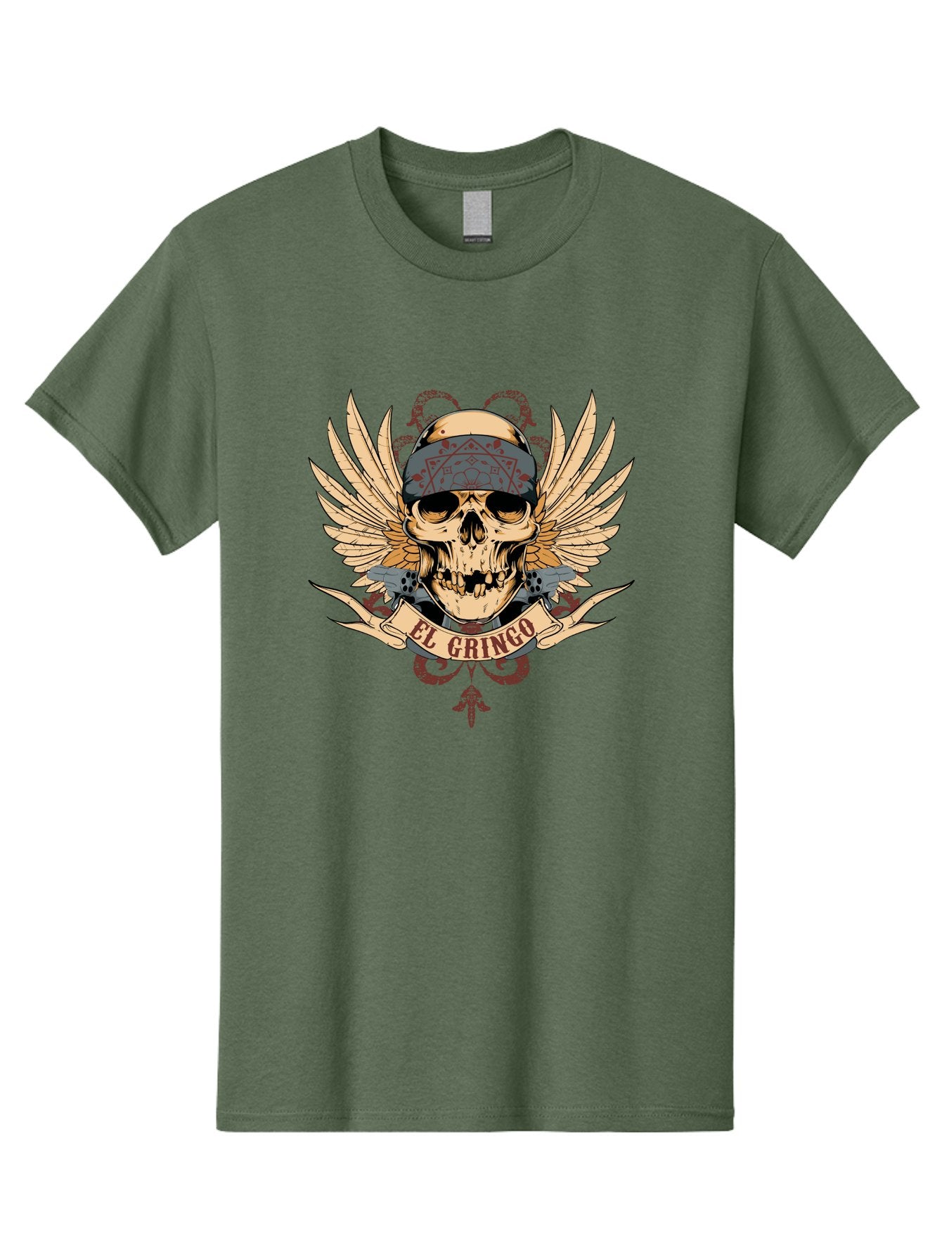 El Gringo Skull Men'S Graphic Tee, 100% Cotton, Comfortable Casual Summer Wear, Machine Washable, Tattoo Art, Skull Design, Wings And Snakes, Edgy Style, Grunge Aesthetic, Rebellious Symbol, Bold Graphics, El Gringo Branding Aae256 15