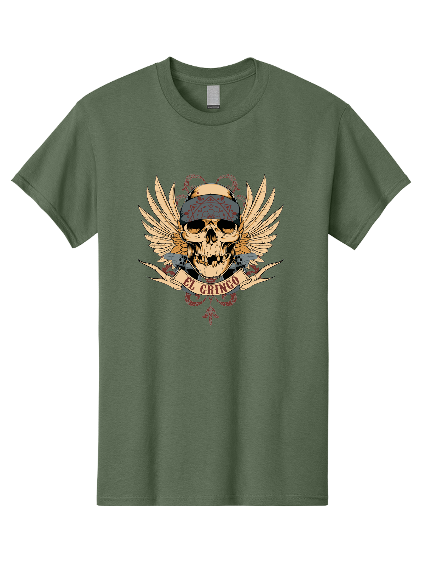 El Gringo Skull Men'S Graphic Tee, 100% Cotton, Comfortable Casual Summer Wear, Machine Washable, Tattoo Art, Skull Design, Wings And Snakes, Edgy Style, Grunge Aesthetic, Rebellious Symbol, Bold Graphics, El Gringo Branding Aae256