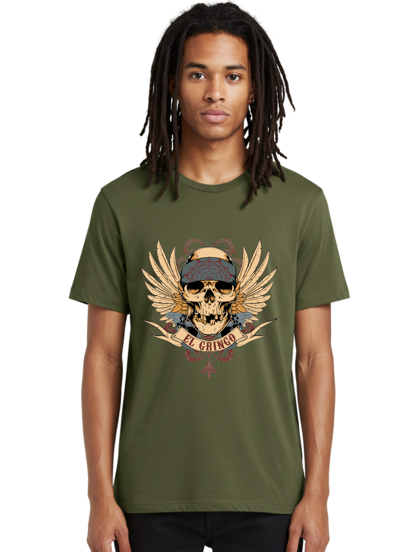 El Gringo Skull Men'S Graphic Tee, 100% Cotton, Comfortable Casual Summer Wear, Machine Washable, Tattoo Art, Skull Design, Wings And Snakes, Edgy Style, Grunge Aesthetic, Rebellious Symbol, Bold Graphics, El Gringo Branding Aae256