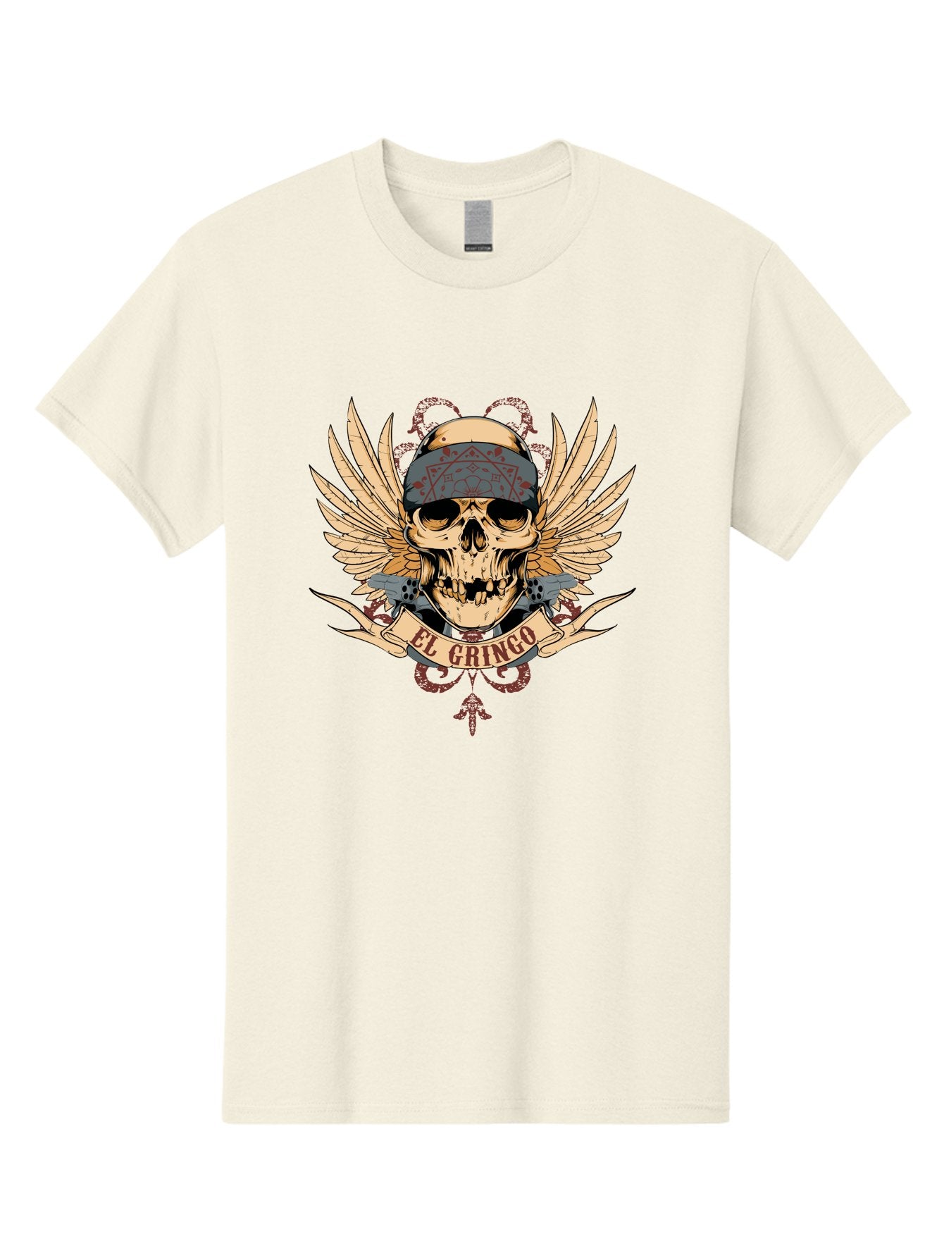 El Gringo Skull Men'S Graphic Tee, 100% Cotton, Comfortable Casual Summer Wear, Machine Washable, Tattoo Art, Skull Design, Wings And Snakes, Edgy Style, Grunge Aesthetic, Rebellious Symbol, Bold Graphics, El Gringo Branding Aae256