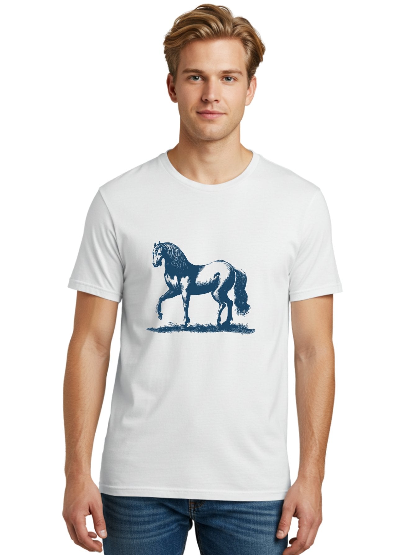 Elegant Horse Men'S Graphic Tee, 100% Cotton, Comfortable Casual Summer Wear, Machine Washable, Horse Running, Dynamic Movement, Equine Art, Horse Illustration, Majestic Animal, Flowing Mane, Dynamic Pose, Grassy Ground, Bold Lines Aae257 23