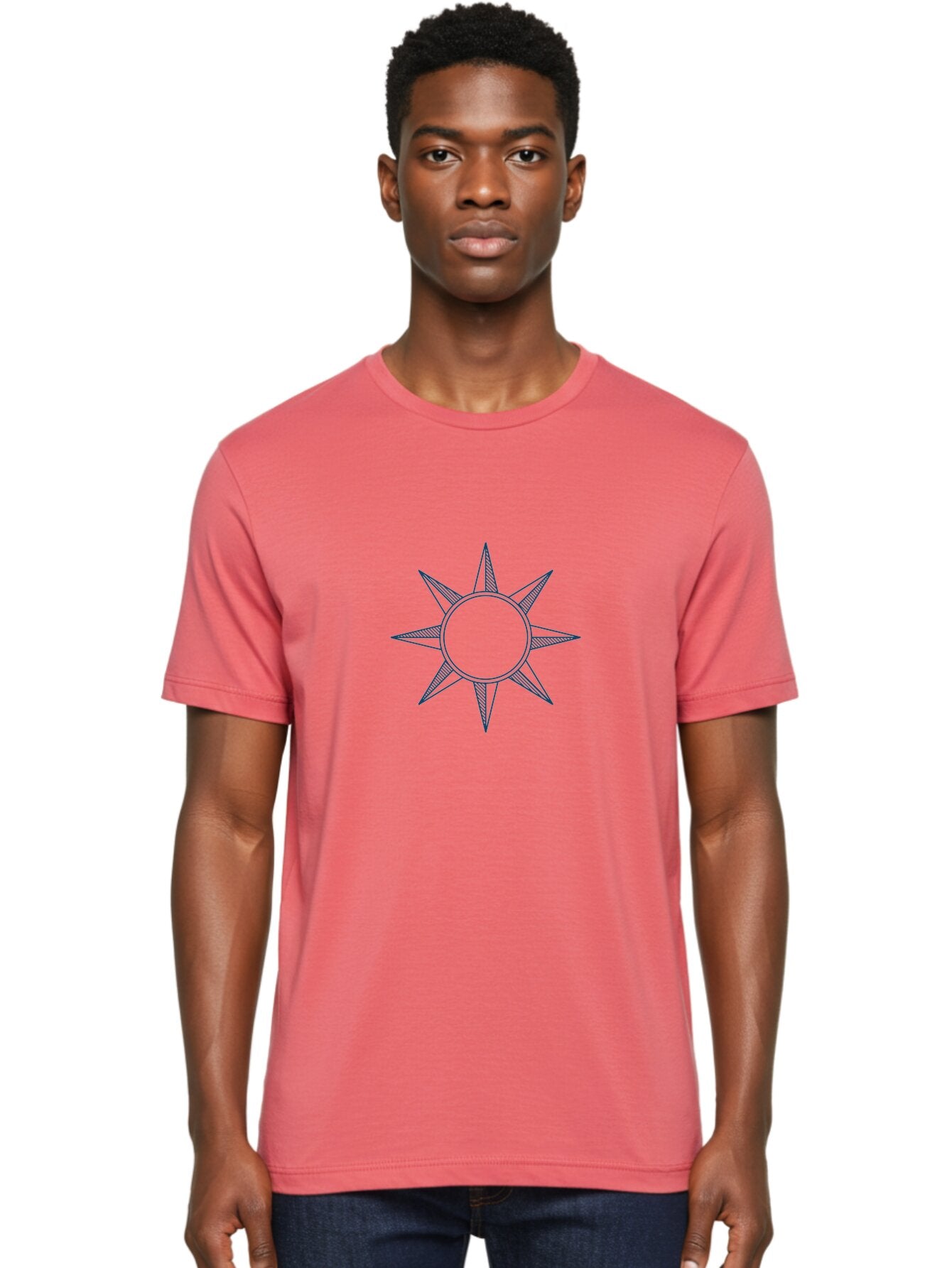 Emblem Men'S Graphic Tee, 100% Cotton, Comfortable Casual Summer Wear, Machine Washable, Sun Symbol, Simple Icon, Minimalist Design, Blue Outline, Star Shape, Solar Representation, Stylized Sun Aae259 17