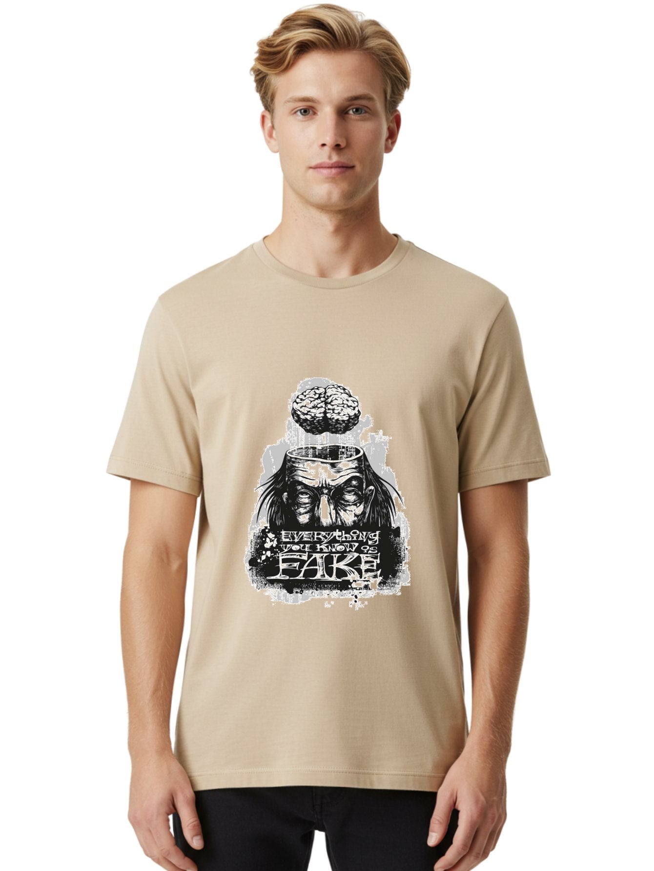 Everything You Know Is Fake Men'S Graphic Tee, 100% Cotton, Comfortable Casual Summer Wear, Machine Washable, Brain Being Removed, Mind Control, Psychological Manipulation, Conspiracy Theory, Mysterious Figure, Black And White Artwork, Aae264 22