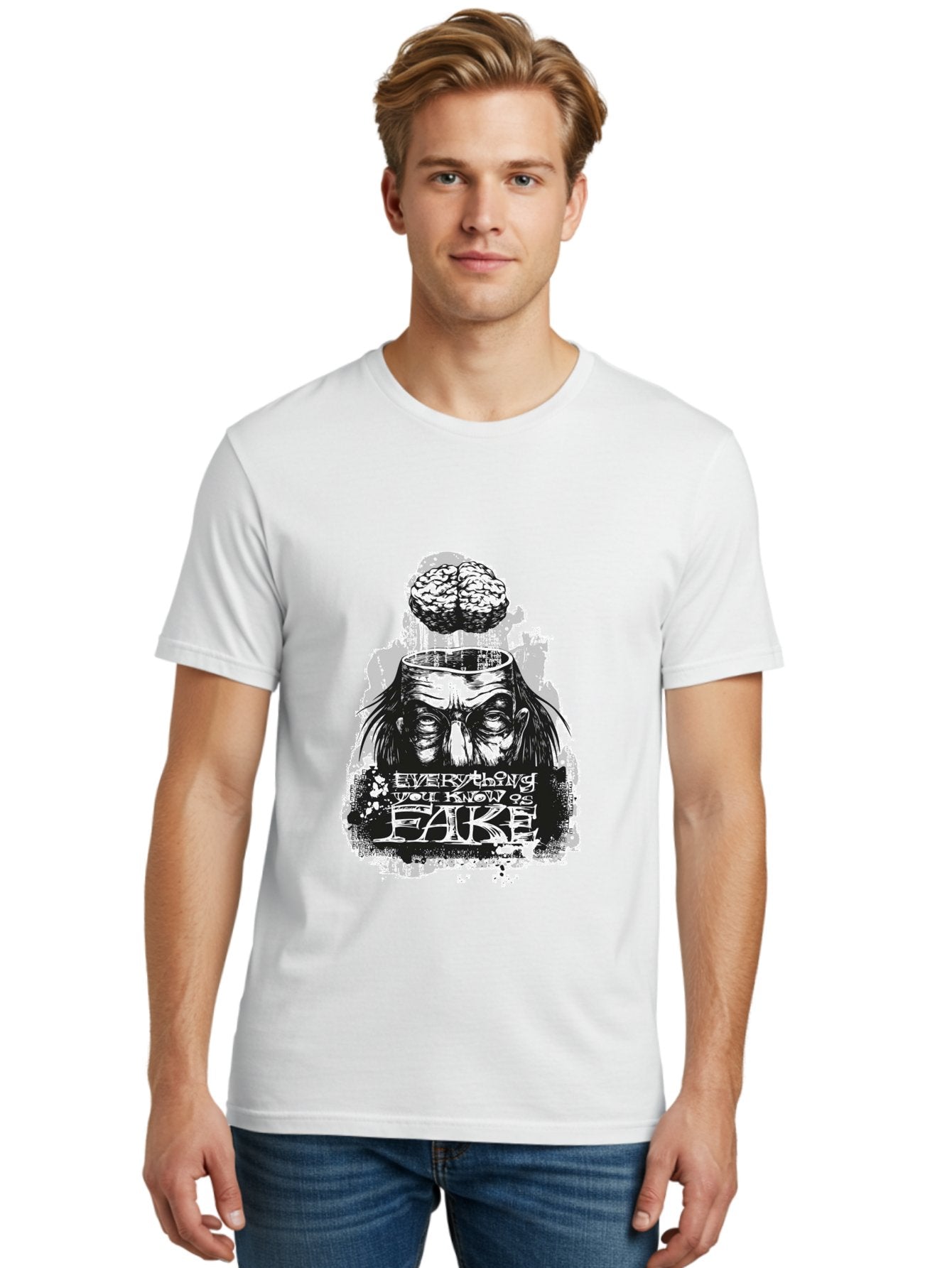 Everything You Know Is Fake Men'S Graphic Tee, 100% Cotton, Comfortable Casual Summer Wear, Machine Washable, Brain Being Removed, Mind Control, Psychological Manipulation, Conspiracy Theory, Mysterious Figure, Black And White Artwork, Aae264 29