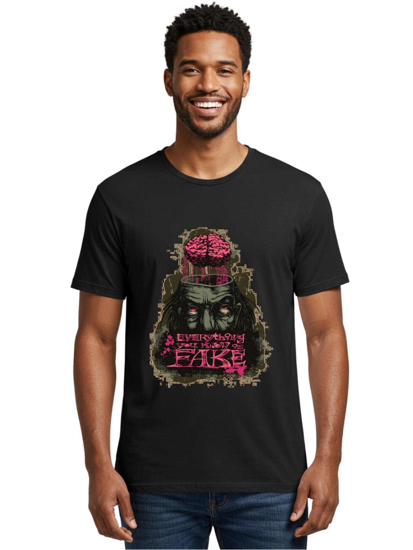 Everything You Know Is Fake Men'S Graphic Tee, 100% Cotton, Comfortable Casual Summer Wear, Machine Washable, Zombie Man, Exposed Brain, Fake Knowledge, Distorted Reality, Surreal Art, Pink Splatter, Dark Illustration, Eerie Atmosphere, Aae265 18
