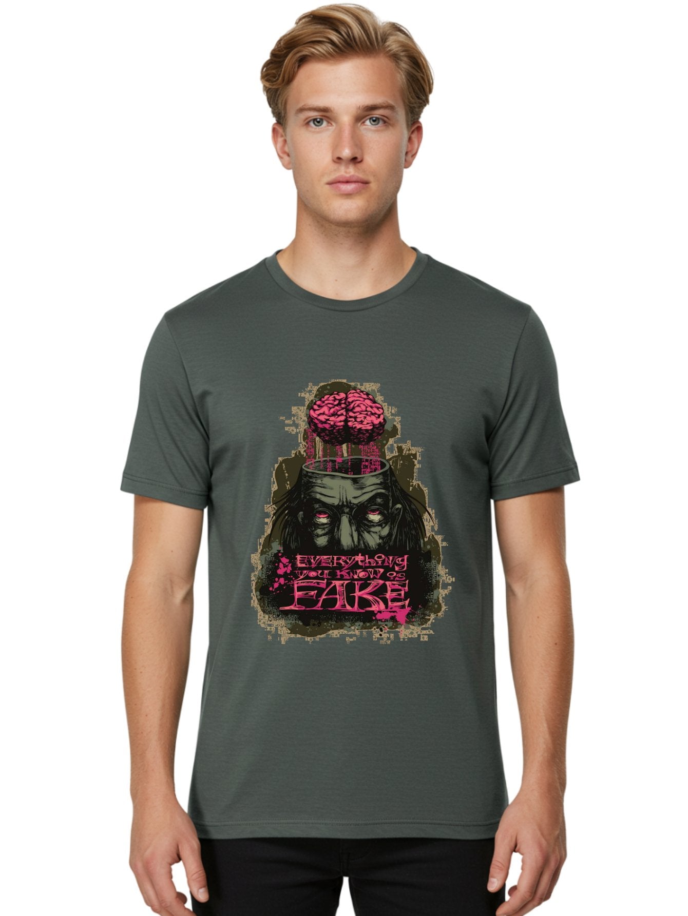 Everything You Know Is Fake Men'S Graphic Tee, 100% Cotton, Comfortable Casual Summer Wear, Machine Washable, Zombie Man, Exposed Brain, Fake Knowledge, Distorted Reality, Surreal Art, Pink Splatter, Dark Illustration, Eerie Atmosphere, Aae265 28