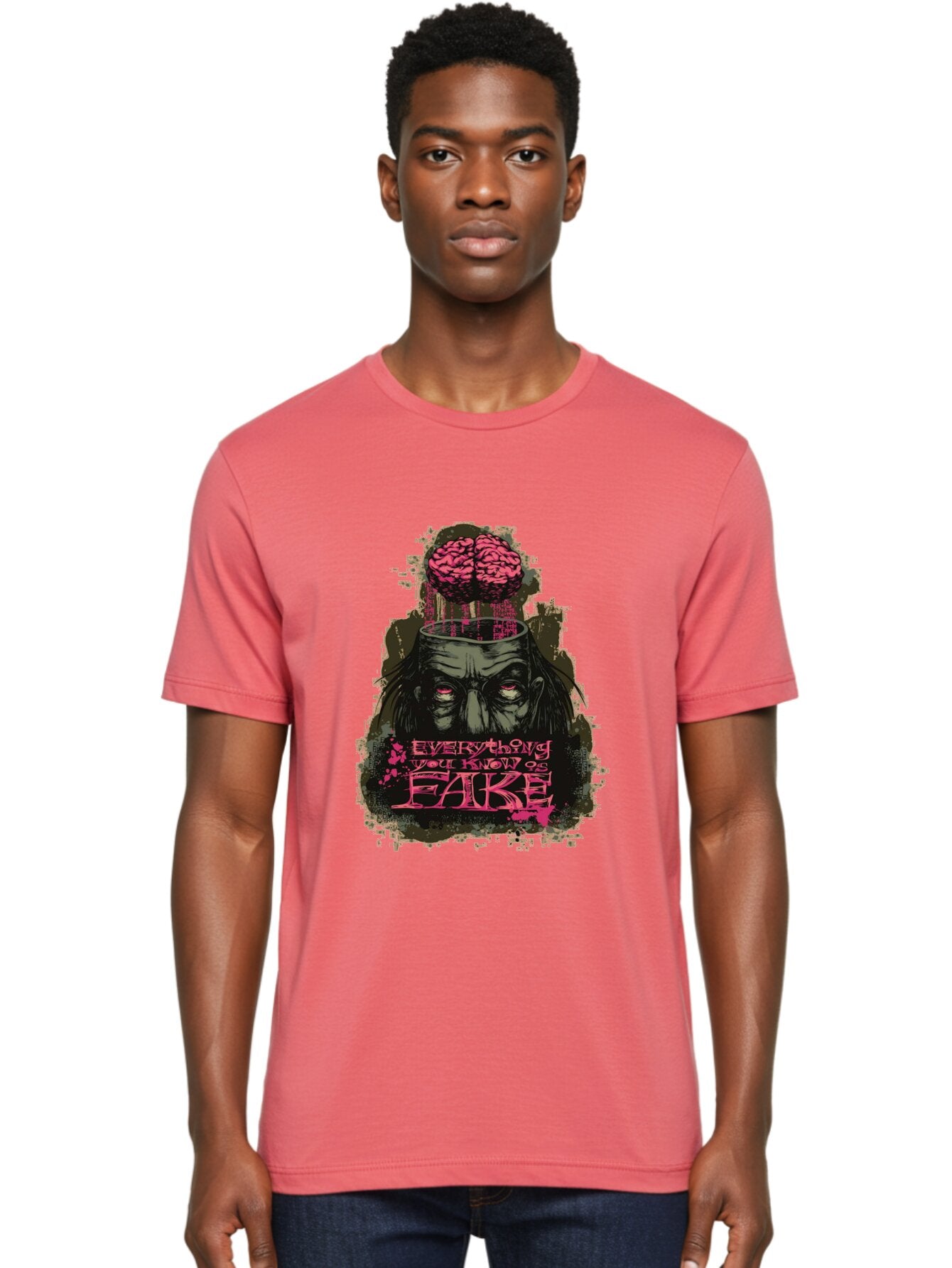 Everything You Know Is Fake Men'S Graphic Tee, 100% Cotton, Comfortable Casual Summer Wear, Machine Washable, Zombie Man, Exposed Brain, Fake Knowledge, Distorted Reality, Surreal Art, Pink Splatter, Dark Illustration, Eerie Atmosphere, Aae265 20