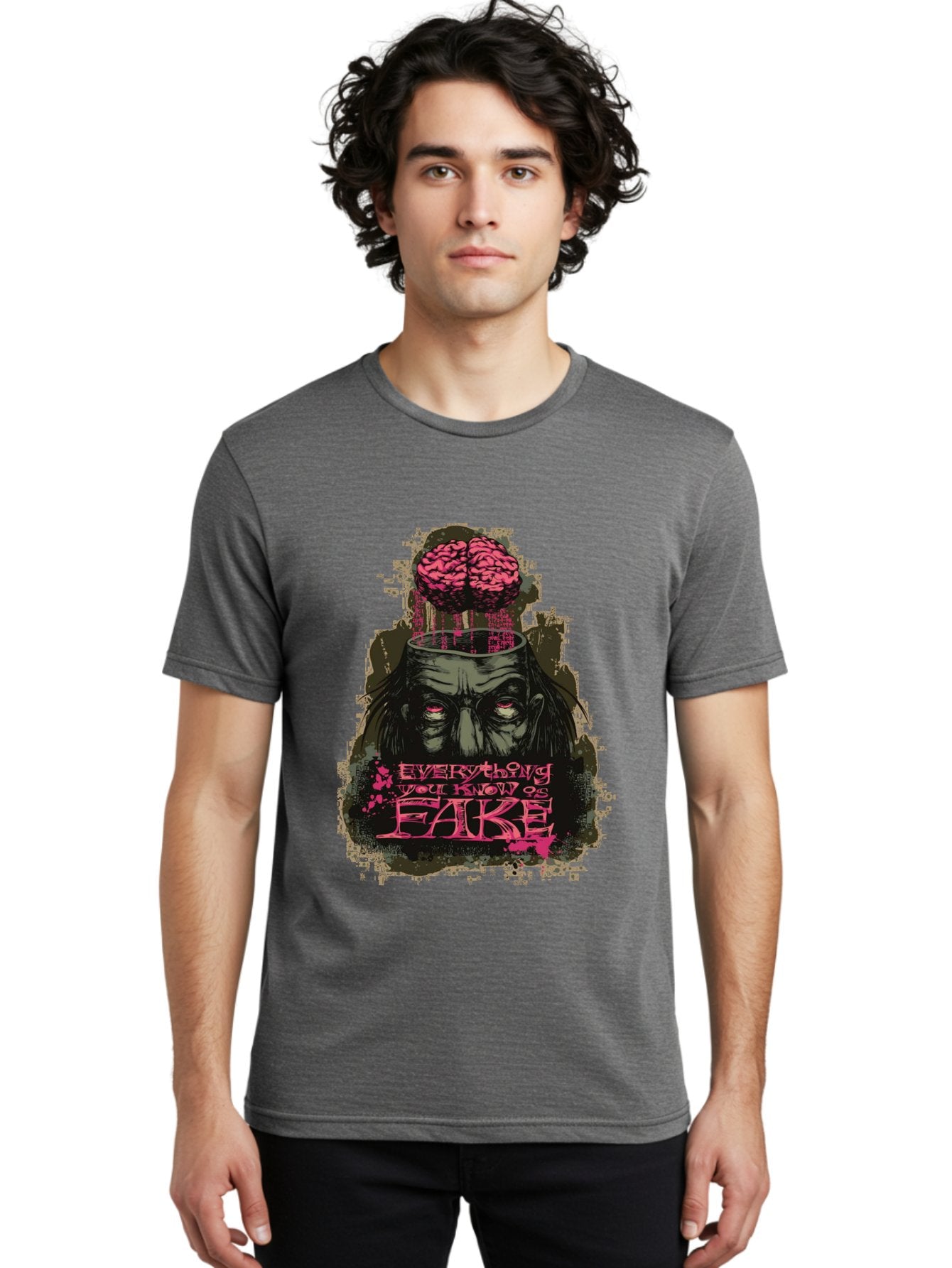 Everything You Know Is Fake Men'S Graphic Tee, 100% Cotton, Comfortable Casual Summer Wear, Machine Washable, Zombie Man, Exposed Brain, Fake Knowledge, Distorted Reality, Surreal Art, Pink Splatter, Dark Illustration, Eerie Atmosphere, Aae265 27