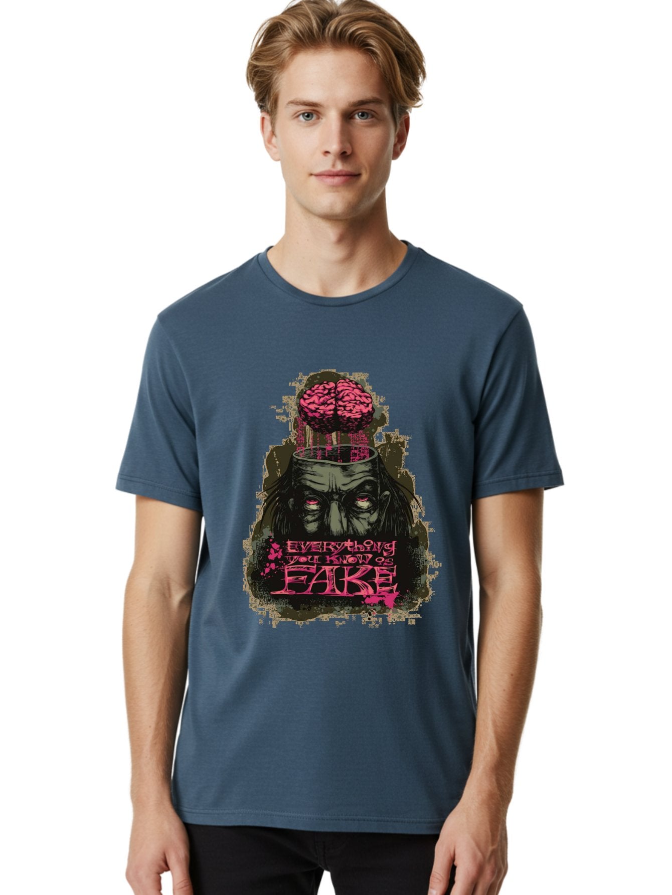 Everything You Know Is Fake Men'S Graphic Tee, 100% Cotton, Comfortable Casual Summer Wear, Machine Washable, Zombie Man, Exposed Brain, Fake Knowledge, Distorted Reality, Surreal Art, Pink Splatter, Dark Illustration, Eerie Atmosphere, Aae265 25