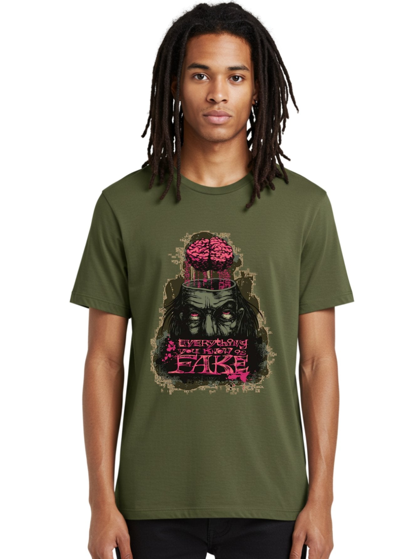 Everything You Know Is Fake Men'S Graphic Tee, 100% Cotton, Comfortable Casual Summer Wear, Machine Washable, Zombie Man, Exposed Brain, Fake Knowledge, Distorted Reality, Surreal Art, Pink Splatter, Dark Illustration, Eerie Atmosphere, Aae265 30