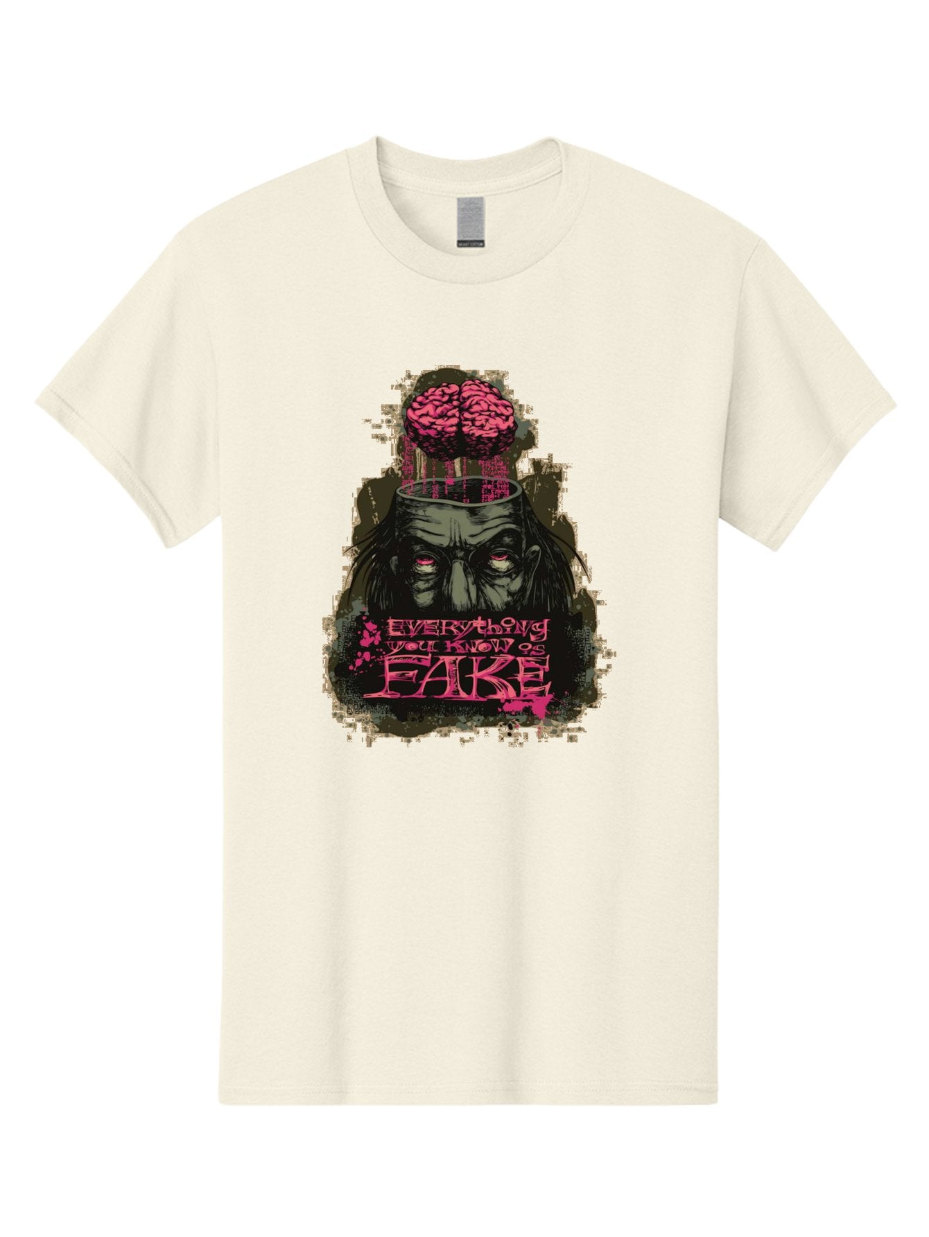 Everything You Know Is Fake Men'S Graphic Tee, 100% Cotton, Comfortable Casual Summer Wear, Machine Washable, Zombie Man, Exposed Brain, Fake Knowledge, Distorted Reality, Surreal Art, Pink Splatter, Dark Illustration, Eerie Atmosphere, Aae265 3