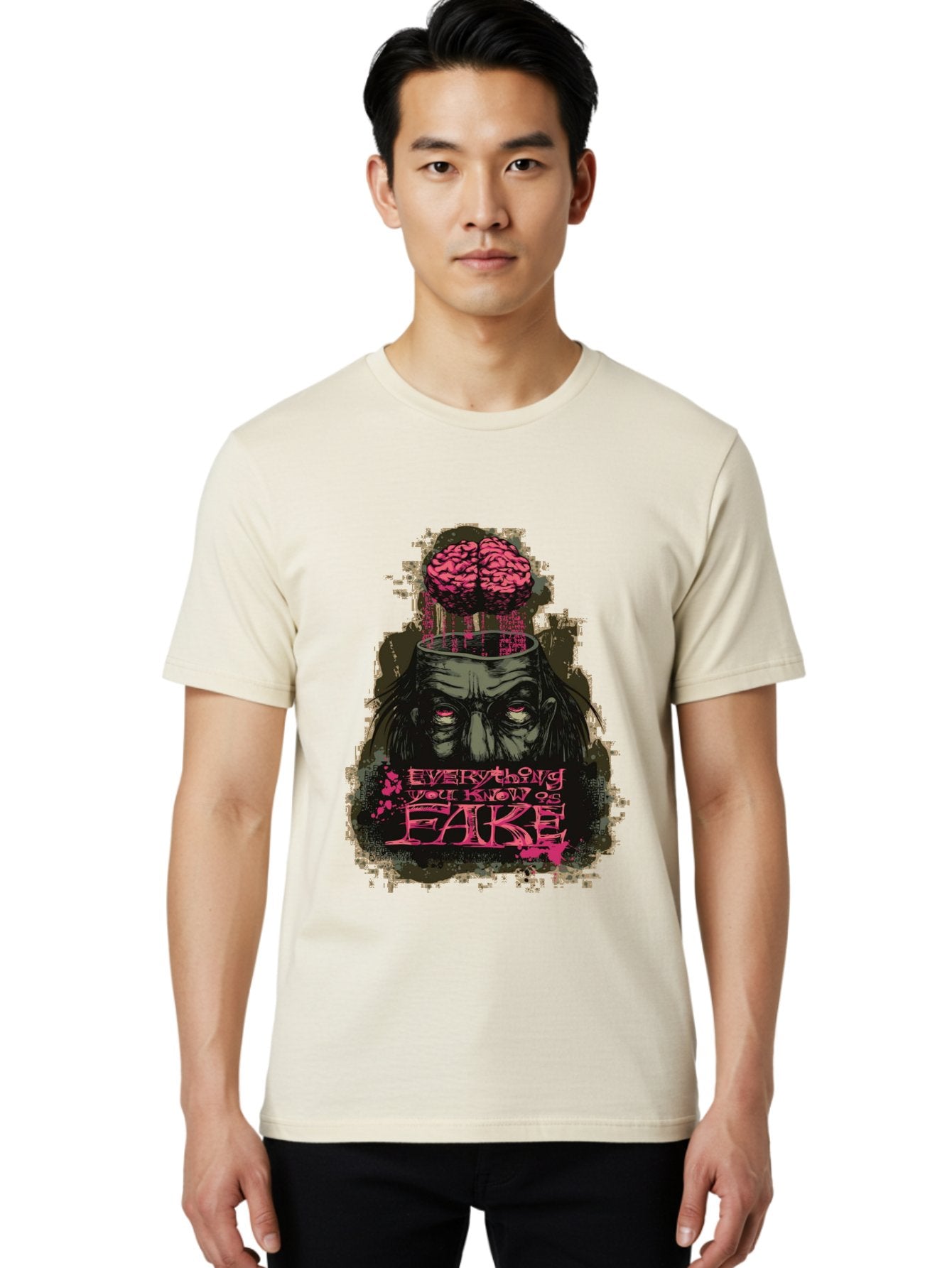 Everything You Know Is Fake Men'S Graphic Tee, 100% Cotton, Comfortable Casual Summer Wear, Machine Washable, Zombie Man, Exposed Brain, Fake Knowledge, Distorted Reality, Surreal Art, Pink Splatter, Dark Illustration, Eerie Atmosphere, Aae265 22