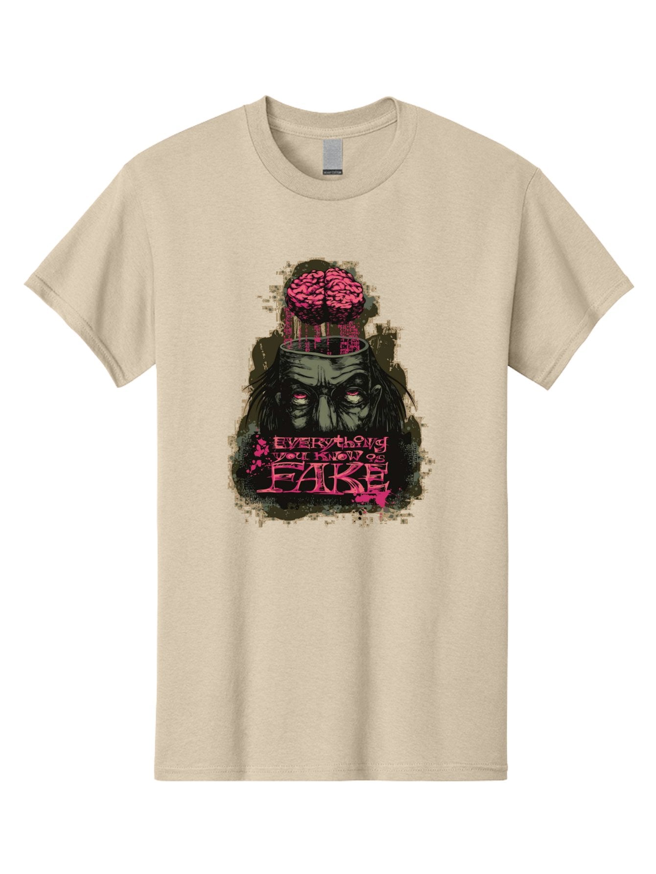 Everything You Know Is Fake Men'S Graphic Tee, 100% Cotton, Comfortable Casual Summer Wear, Machine Washable, Zombie Man, Exposed Brain, Fake Knowledge, Distorted Reality, Surreal Art, Pink Splatter, Dark Illustration, Eerie Atmosphere, Aae265 7