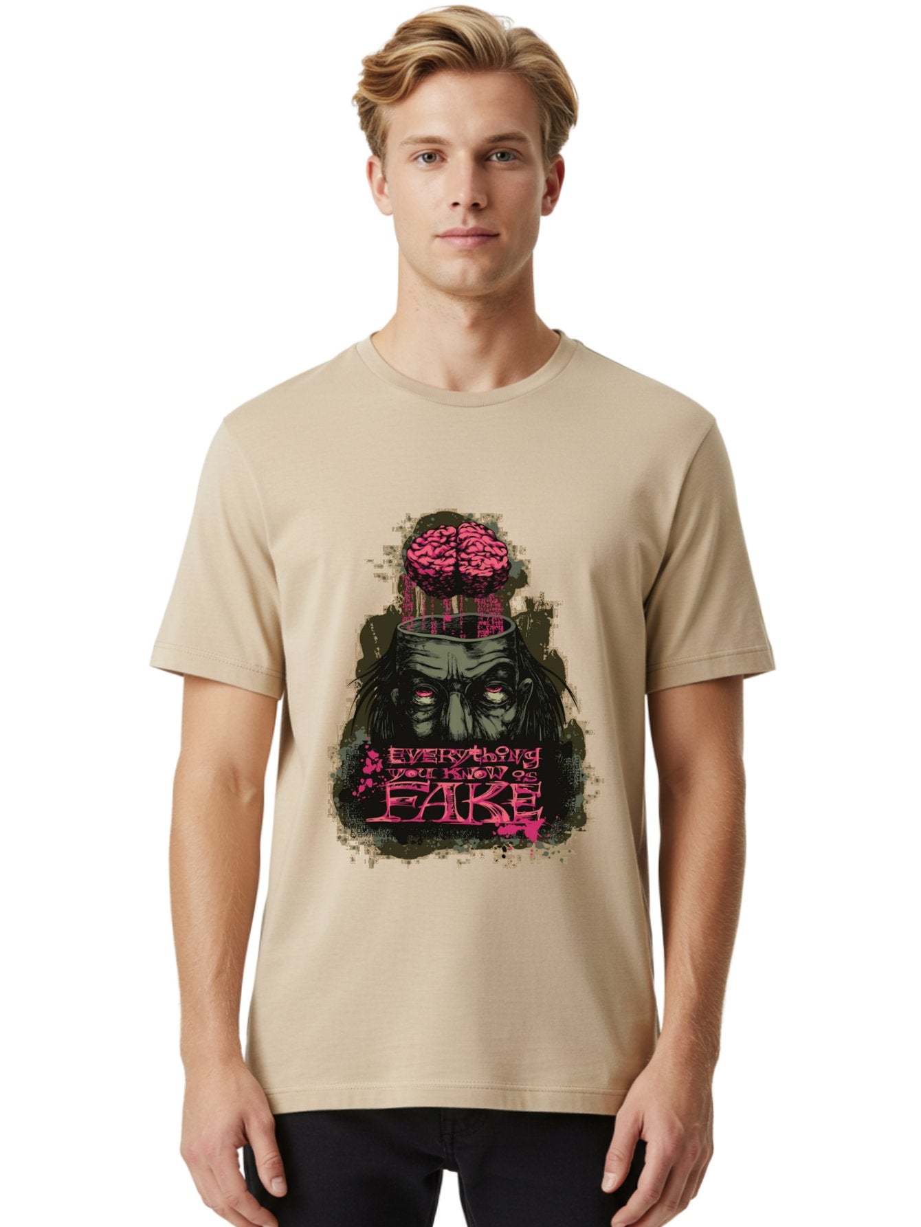 Everything You Know Is Fake Men'S Graphic Tee, 100% Cotton, Comfortable Casual Summer Wear, Machine Washable, Zombie Man, Exposed Brain, Fake Knowledge, Distorted Reality, Surreal Art, Pink Splatter, Dark Illustration, Eerie Atmosphere, Aae265 16