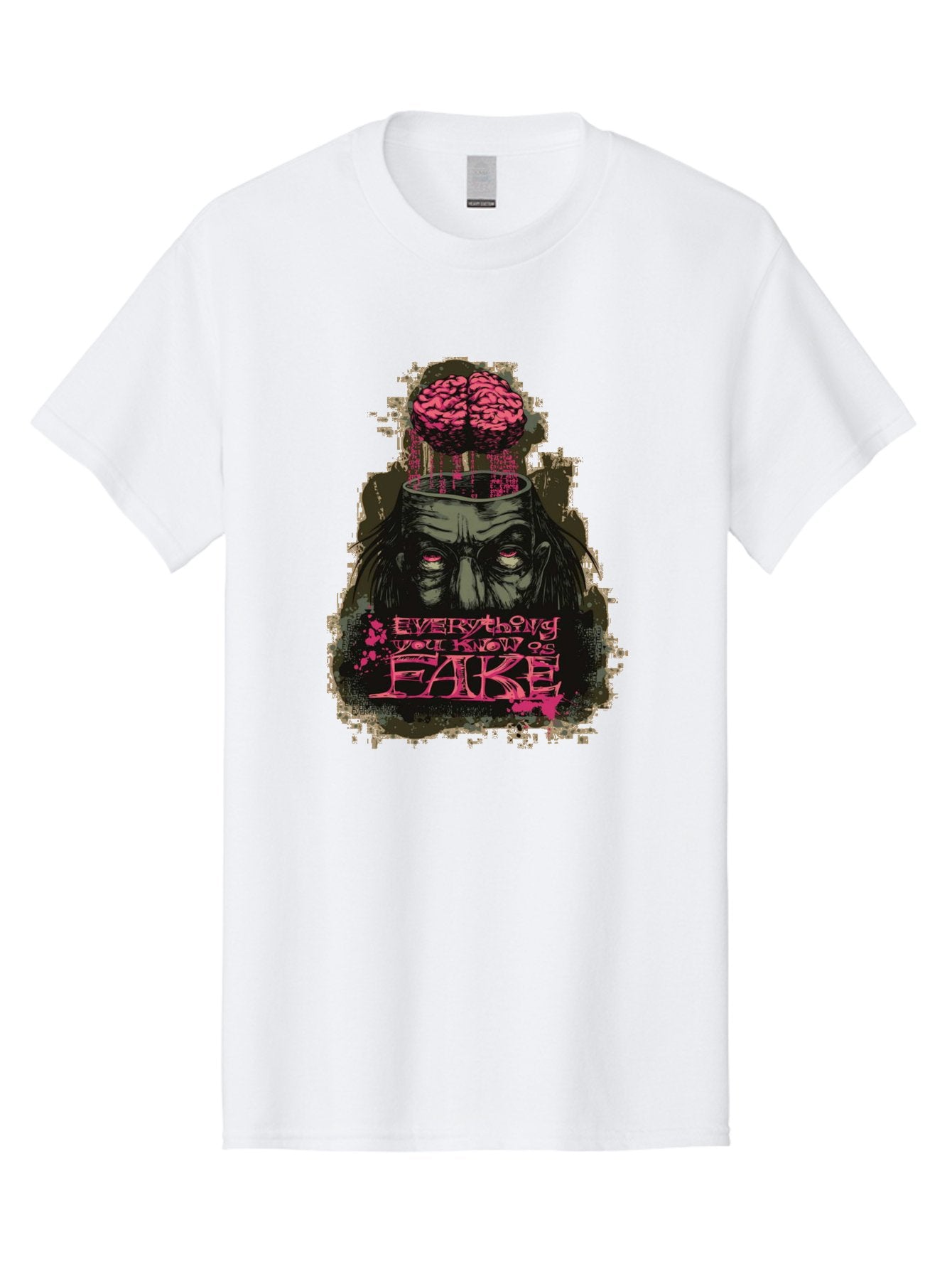Everything You Know Is Fake Men'S Graphic Tee, 100% Cotton, Comfortable Casual Summer Wear, Machine Washable, Zombie Man, Exposed Brain, Fake Knowledge, Distorted Reality, Surreal Art, Pink Splatter, Dark Illustration, Eerie Atmosphere, Aae265 14