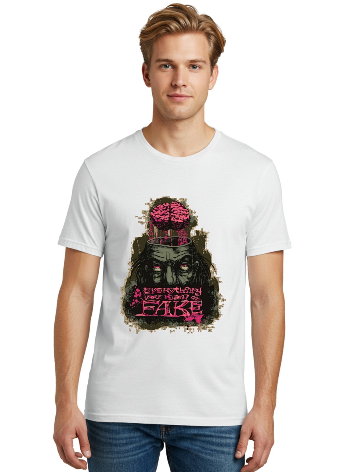 Everything You Know Is Fake Men'S Graphic Tee, 100% Cotton, Comfortable Casual Summer Wear, Machine Washable, Zombie Man, Exposed Brain, Fake Knowledge, Distorted Reality, Surreal Art, Pink Splatter, Dark Illustration, Eerie Atmosphere, Aae265 29