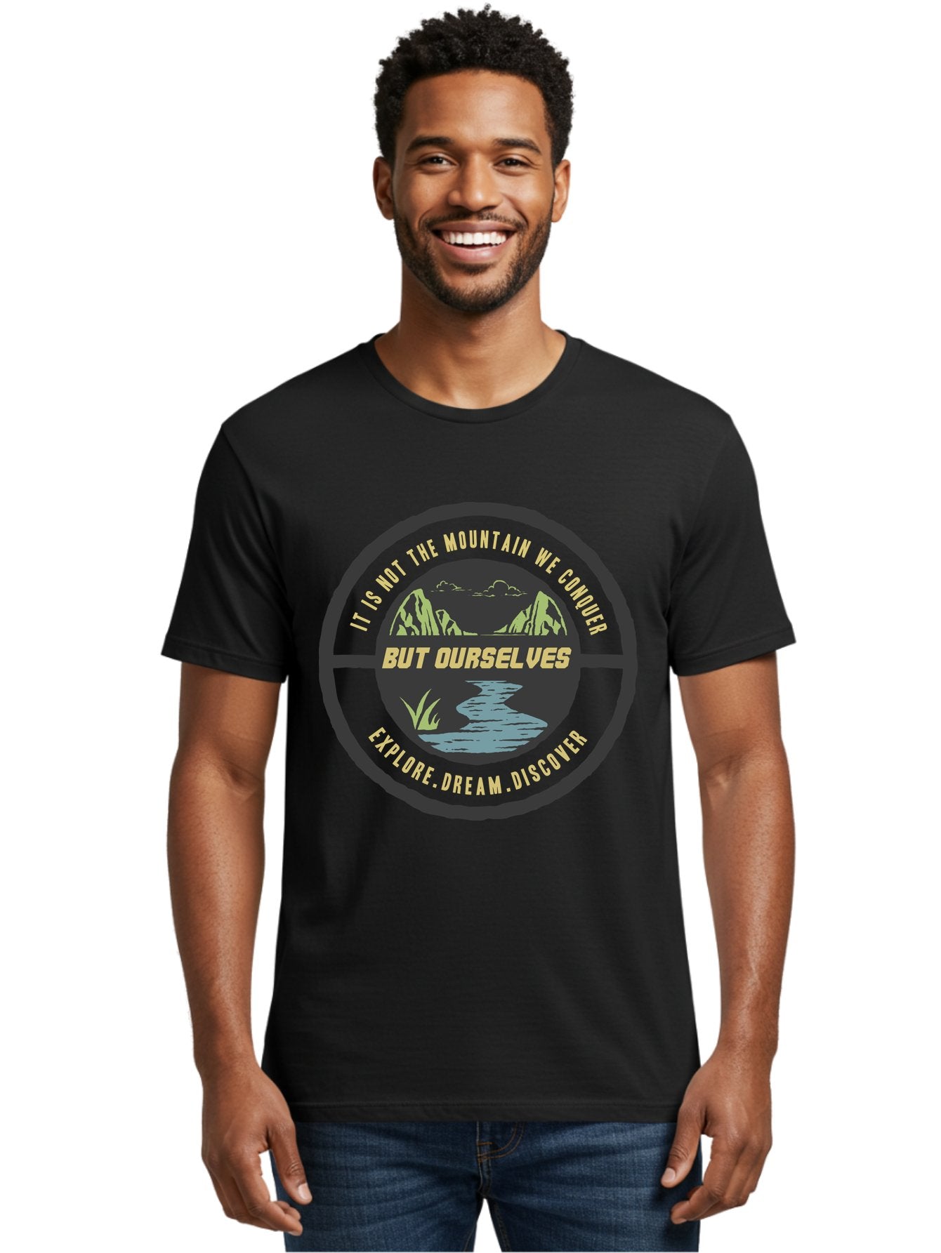 Explore Dream Discover Men'S Graphic Tee, 100% Cotton, Comfortable Casual Summer Wear, Machine Washable, Mountain Landscape, Self-Discovery, Inspirational Quotes, Explore Dream Discover, Personal Growth, Motivational Art, River Scenery, Aae266 18