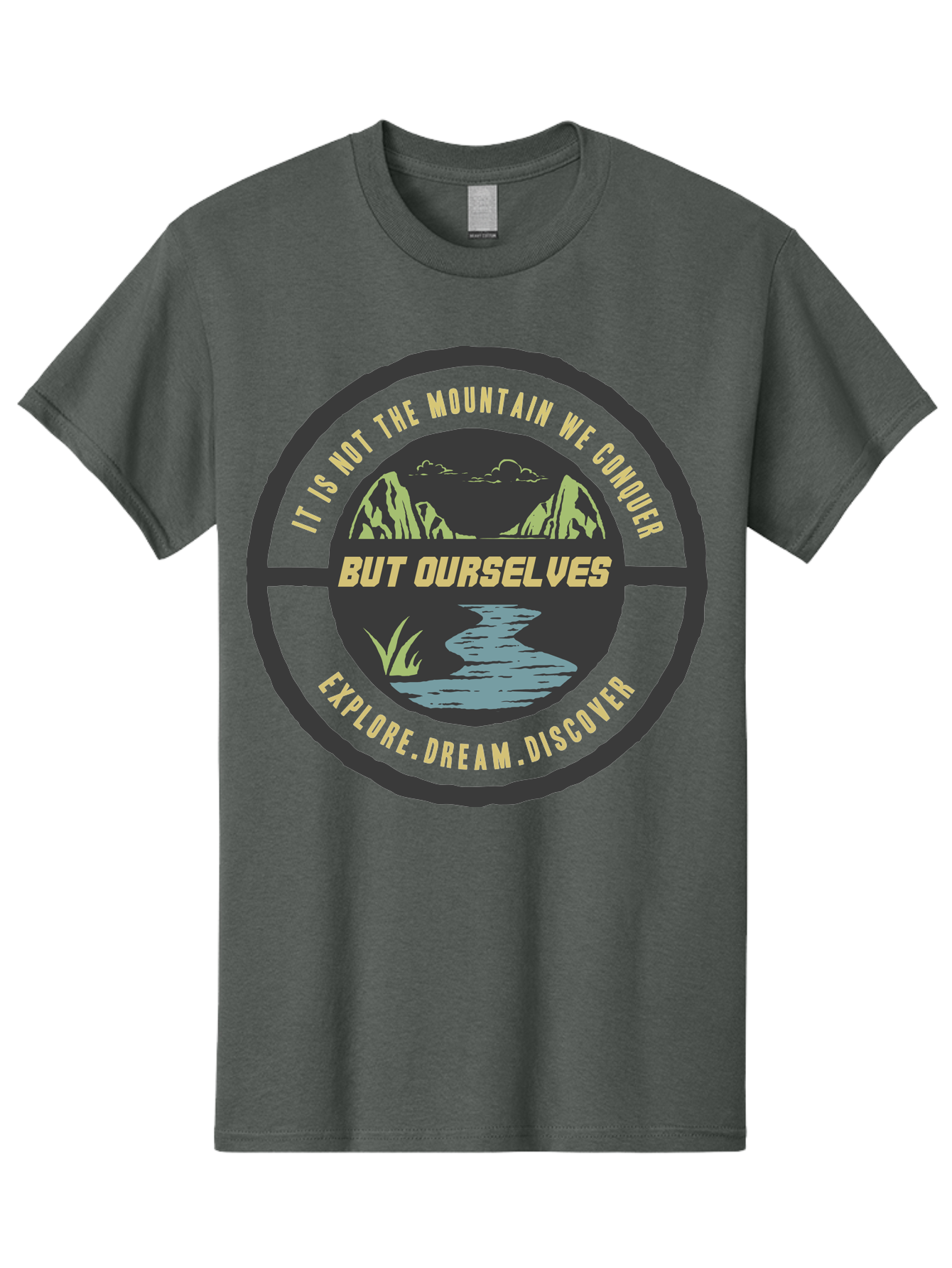 Explore Dream Discover Men'S Graphic Tee, 100% Cotton, Comfortable Casual Summer Wear, Machine Washable, Mountain Landscape, Self-Discovery, Inspirational Quotes, Explore Dream Discover, Personal Growth, Motivational Art, River Scenery, Aae266 5