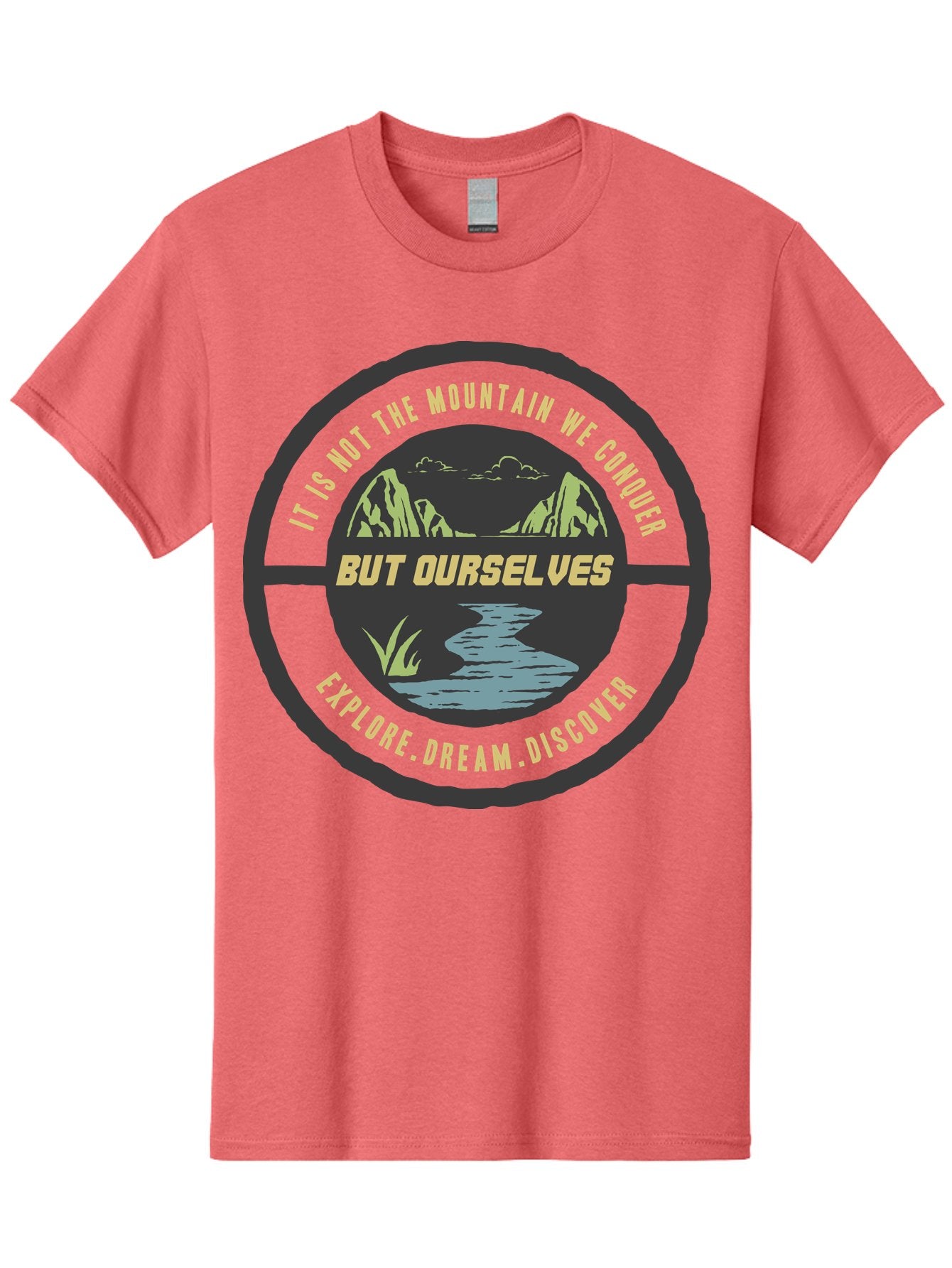 Explore Dream Discover Men'S Graphic Tee, 100% Cotton, Comfortable Casual Summer Wear, Machine Washable, Mountain Landscape, Self-Discovery, Inspirational Quotes, Explore Dream Discover, Personal Growth, Motivational Art, River Scenery, Aae266 6