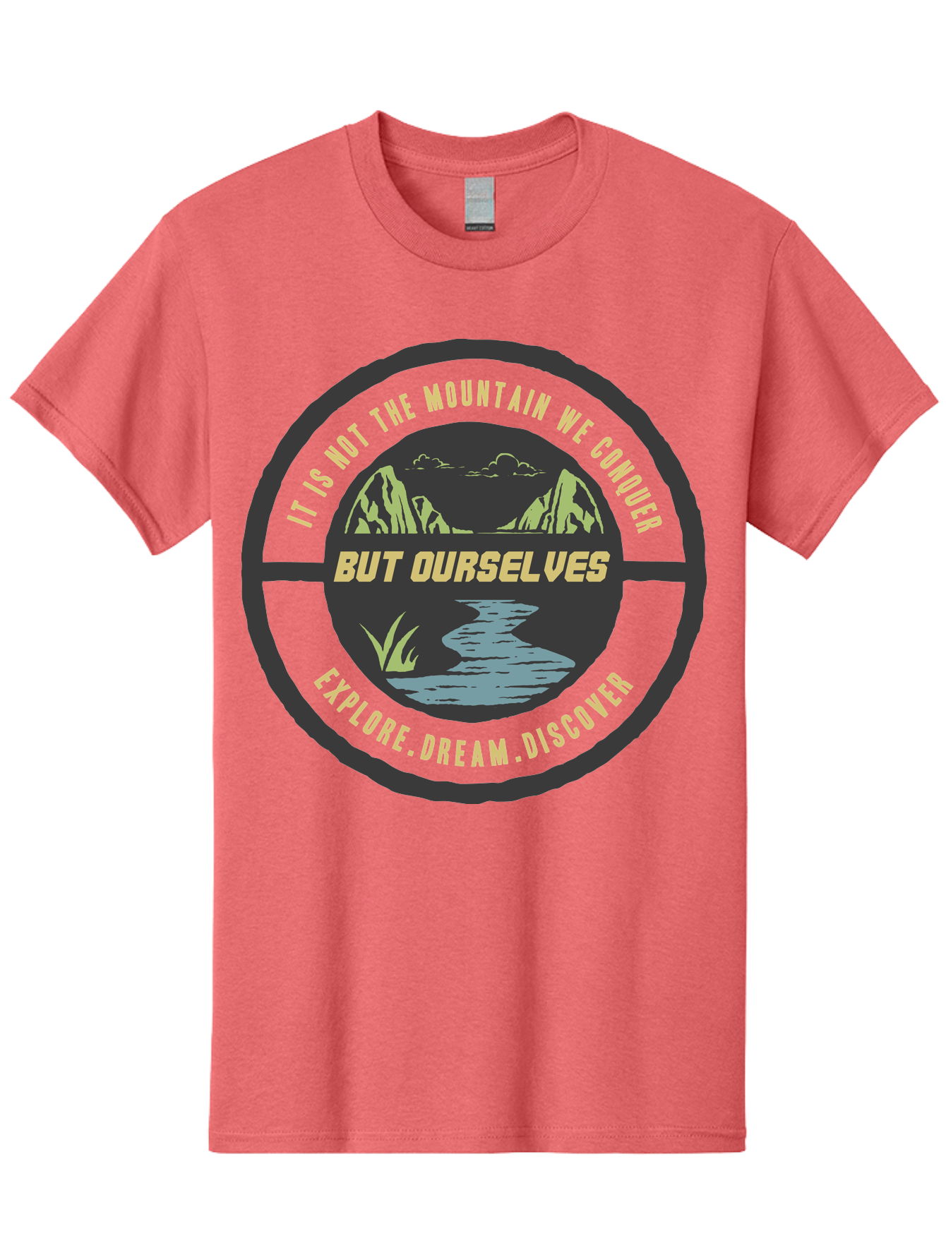 Explore Dream Discover Men'S Graphic Tee, 100% Cotton, Comfortable Casual Summer Wear, Machine Washable, Mountain Landscape, Self-Discovery, Inspirational Quotes, Explore Dream Discover, Personal Growth, Motivational Art, River Scenery, Aae266 13