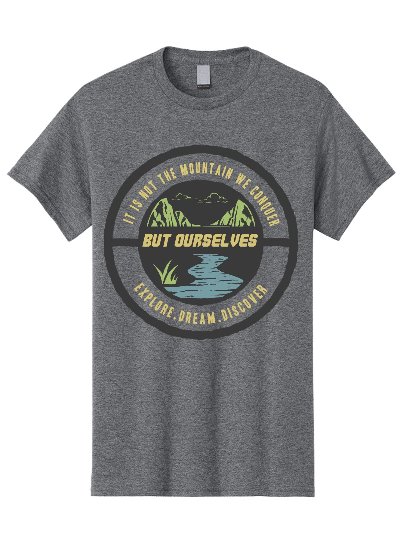 Explore Dream Discover Men'S Graphic Tee, 100% Cotton, Comfortable Casual Summer Wear, Machine Washable, Mountain Landscape, Self-Discovery, Inspirational Quotes, Explore Dream Discover, Personal Growth, Motivational Art, River Scenery, Aae266 9