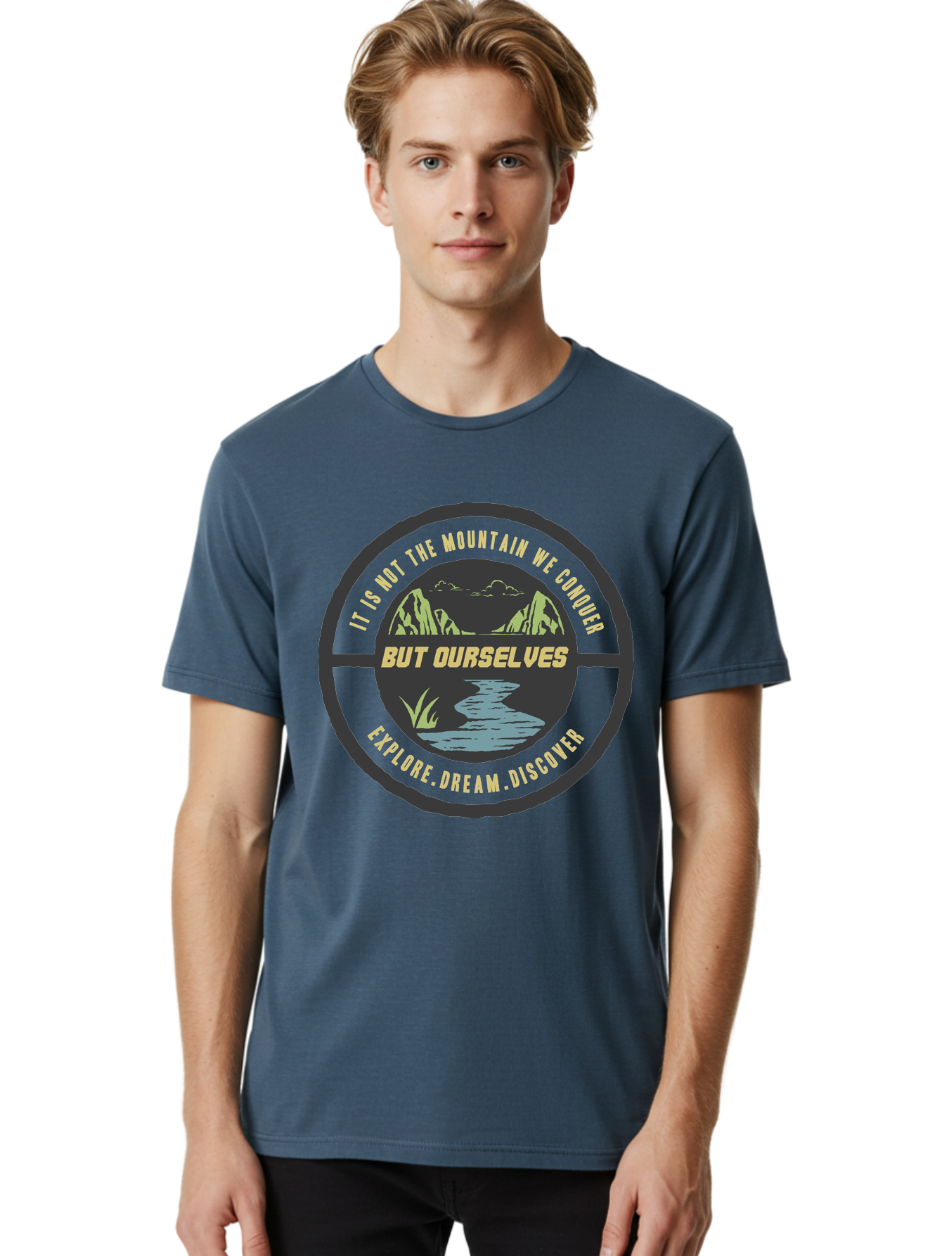 Explore Dream Discover Men'S Graphic Tee, 100% Cotton, Comfortable Casual Summer Wear, Machine Washable, Mountain Landscape, Self-Discovery, Inspirational Quotes, Explore Dream Discover, Personal Growth, Motivational Art, River Scenery, Aae266 20