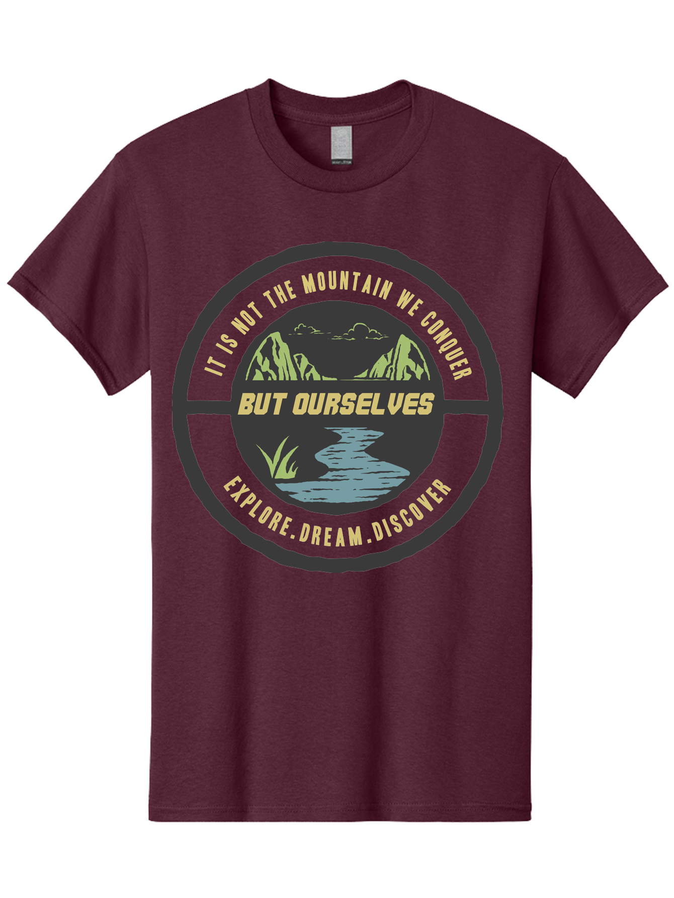 Explore Dream Discover Men'S Graphic Tee, 100% Cotton, Comfortable Casual Summer Wear, Machine Washable, Mountain Landscape, Self-Discovery, Inspirational Quotes, Explore Dream Discover, Personal Growth, Motivational Art, River Scenery, Aae266 3