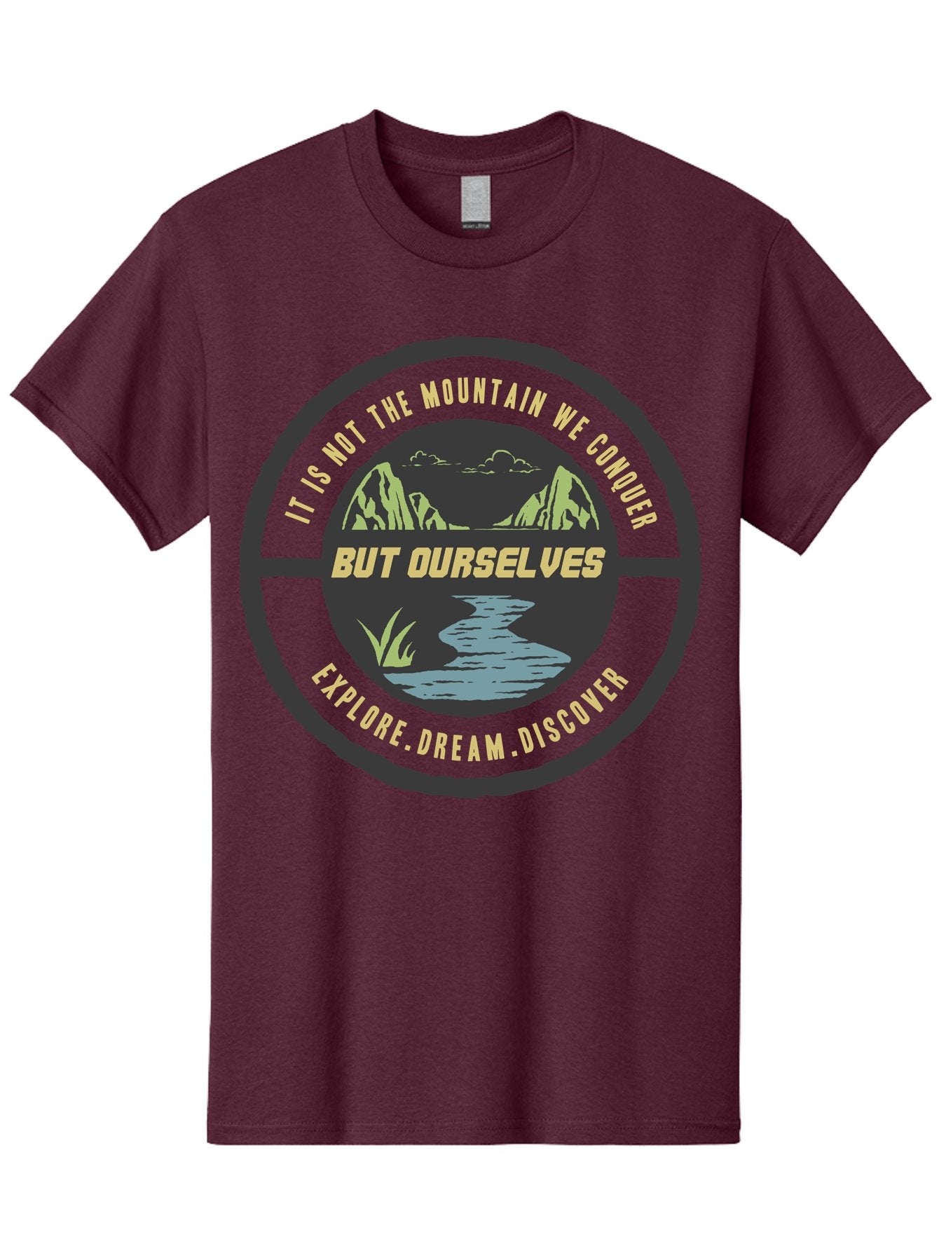 Explore Dream Discover Men'S Graphic Tee, 100% Cotton, Comfortable Casual Summer Wear, Machine Washable, Mountain Landscape, Self-Discovery, Inspirational Quotes, Explore Dream Discover, Personal Growth, Motivational Art, River Scenery, Aae266 14
