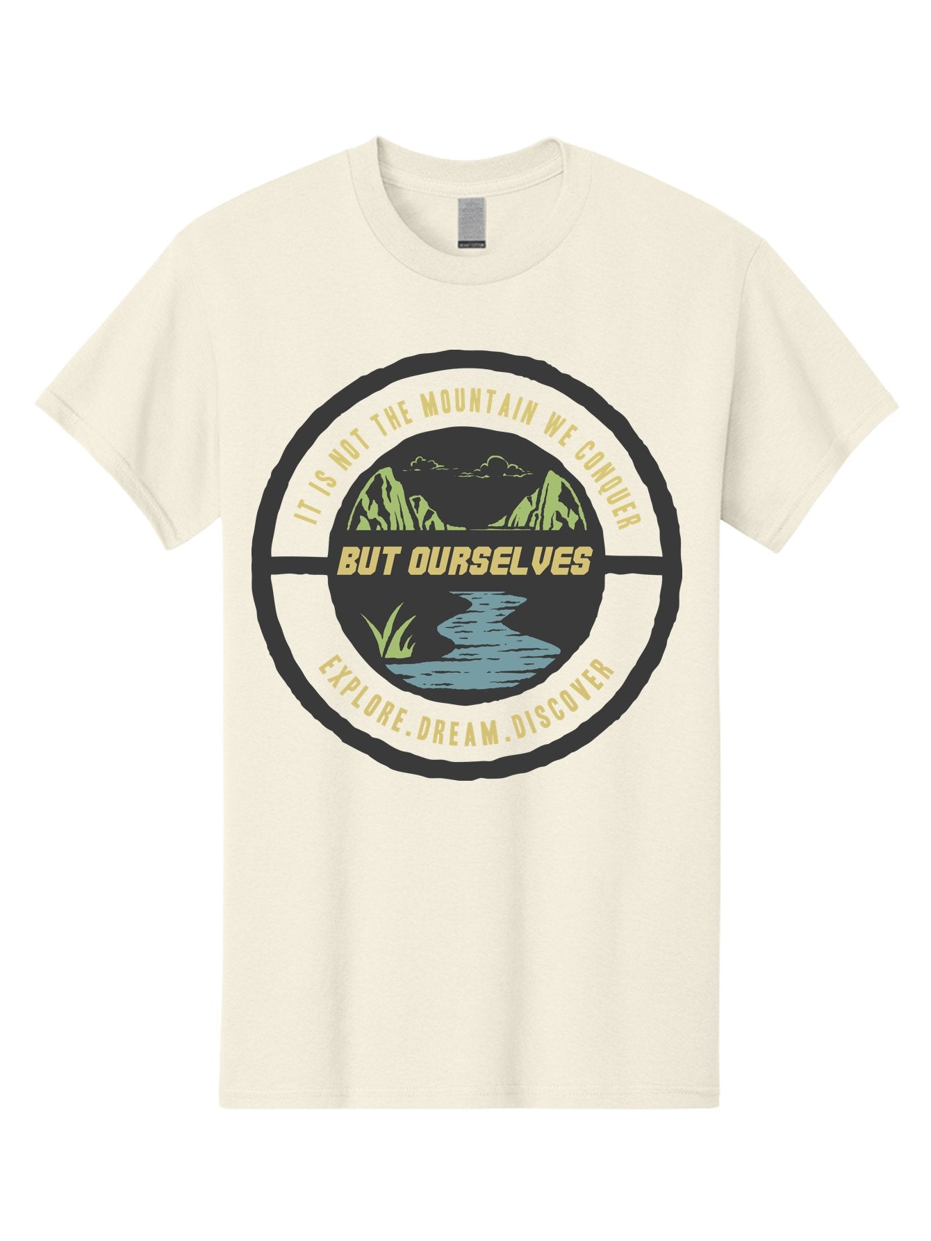 Explore Dream Discover Men'S Graphic Tee, 100% Cotton, Comfortable Casual Summer Wear, Machine Washable, Mountain Landscape, Self-Discovery, Inspirational Quotes, Explore Dream Discover, Personal Growth, Motivational Art, River Scenery, Aae266 8