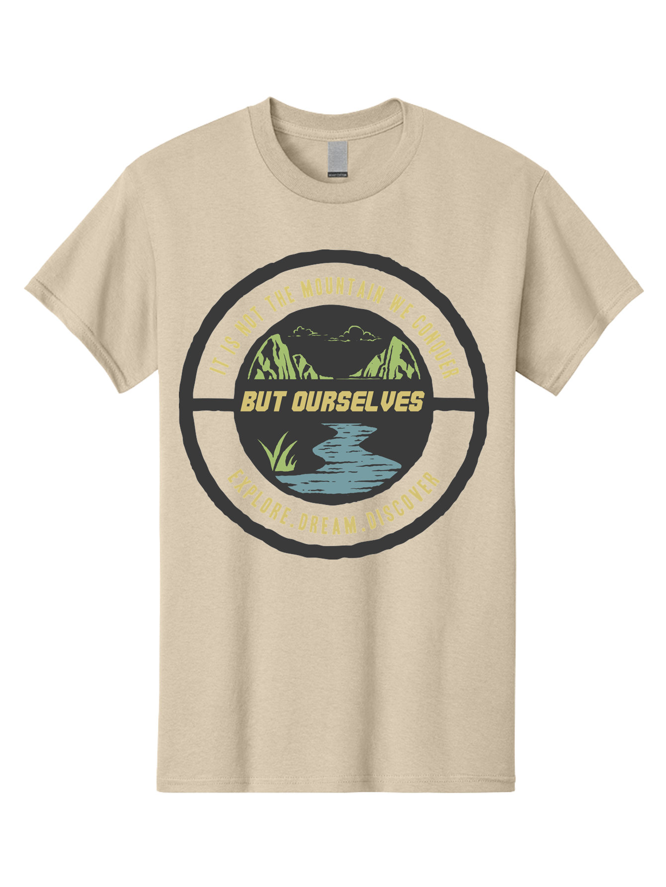 Explore Dream Discover Men'S Graphic Tee, 100% Cotton, Comfortable Casual Summer Wear, Machine Washable, Mountain Landscape, Self-Discovery, Inspirational Quotes, Explore Dream Discover, Personal Growth, Motivational Art, River Scenery, Aae266 25