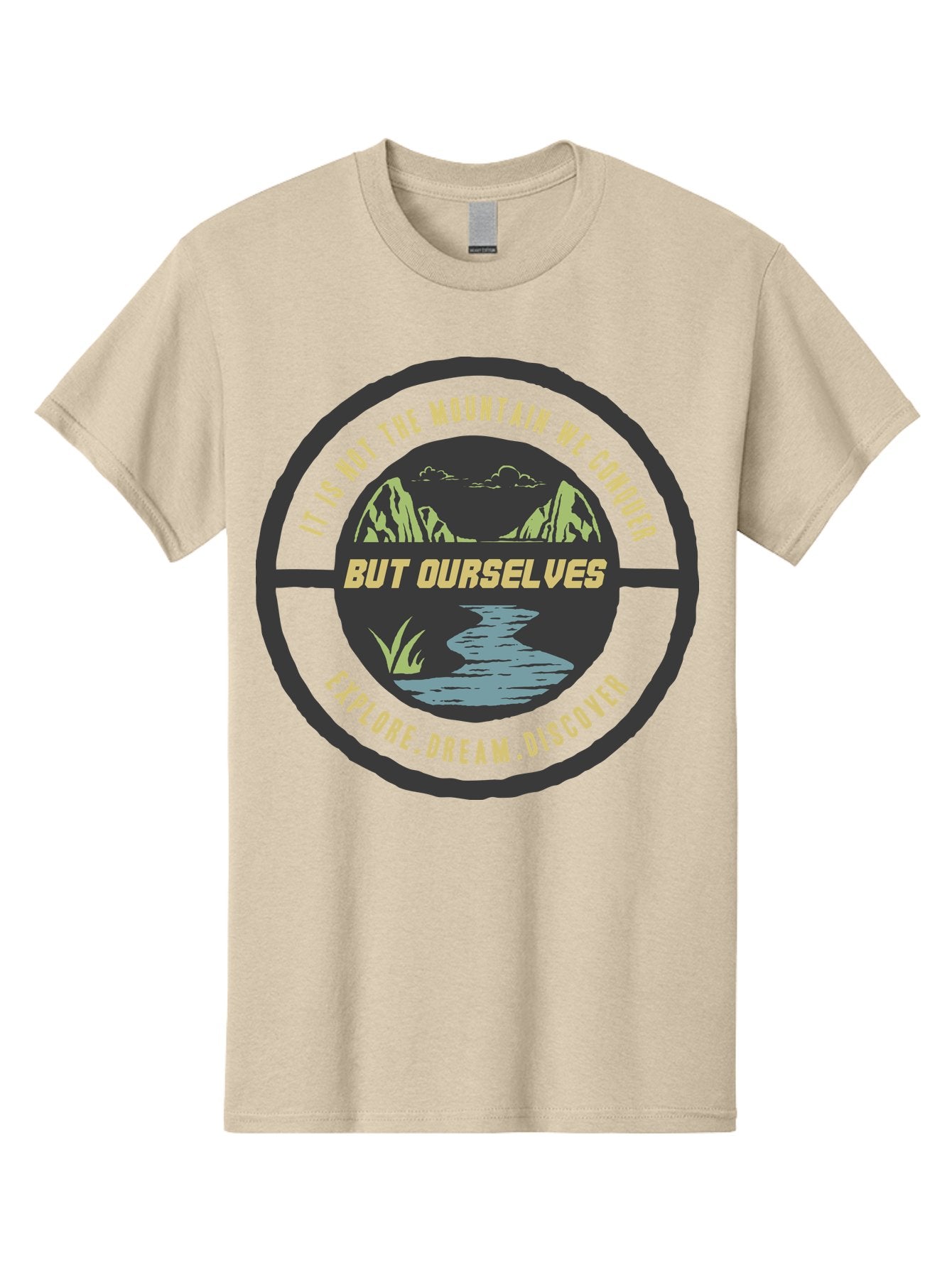 Explore Dream Discover Men'S Graphic Tee, 100% Cotton, Comfortable Casual Summer Wear, Machine Washable, Mountain Landscape, Self-Discovery, Inspirational Quotes, Explore Dream Discover, Personal Growth, Motivational Art, River Scenery, Aae266 7