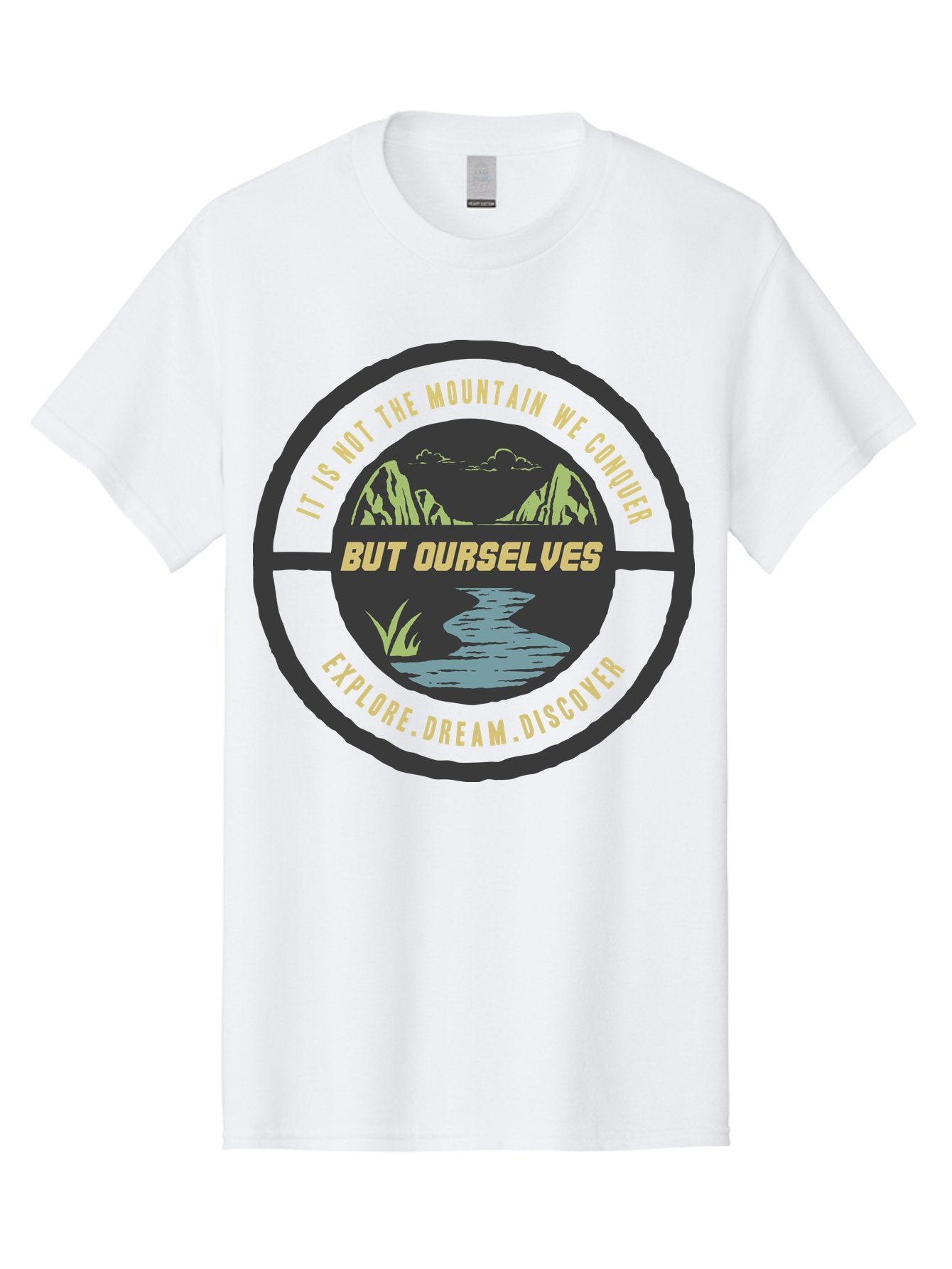 Explore Dream Discover Men'S Graphic Tee, 100% Cotton, Comfortable Casual Summer Wear, Machine Washable, Mountain Landscape, Self-Discovery, Inspirational Quotes, Explore Dream Discover, Personal Growth, Motivational Art, River Scenery, Aae266 5