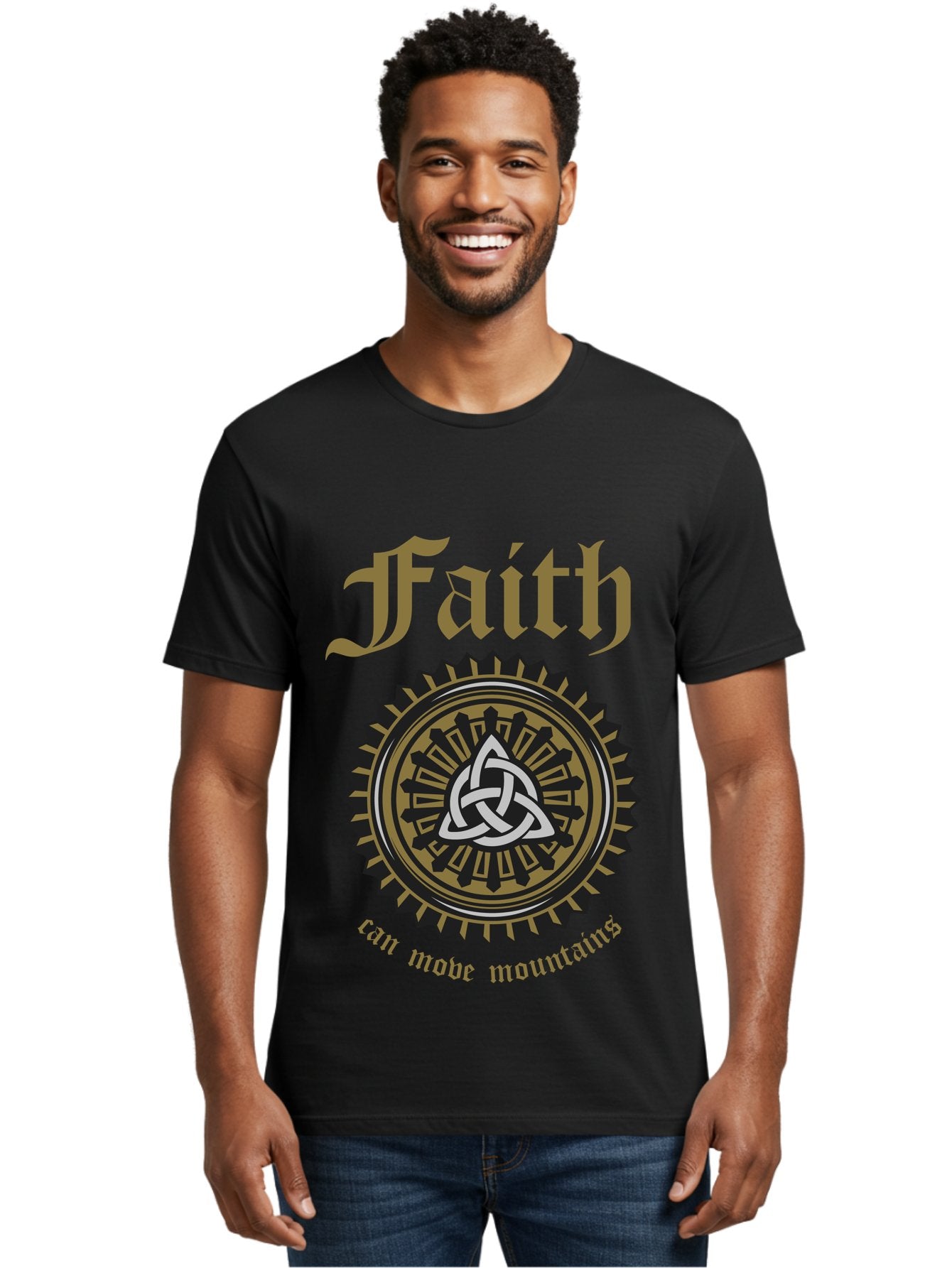 Faith Can Move Mountains Men'S Graphic Tee, 100% Cotton, Comfortable Casual Summer Wear, Machine Washable, Faith Symbol, Celtic Knot Design, Spiritual Emblem, Run Made Manifest, Ancient Celtic Art, Mystical Patterns, Sacred Geometry, Aae270 17